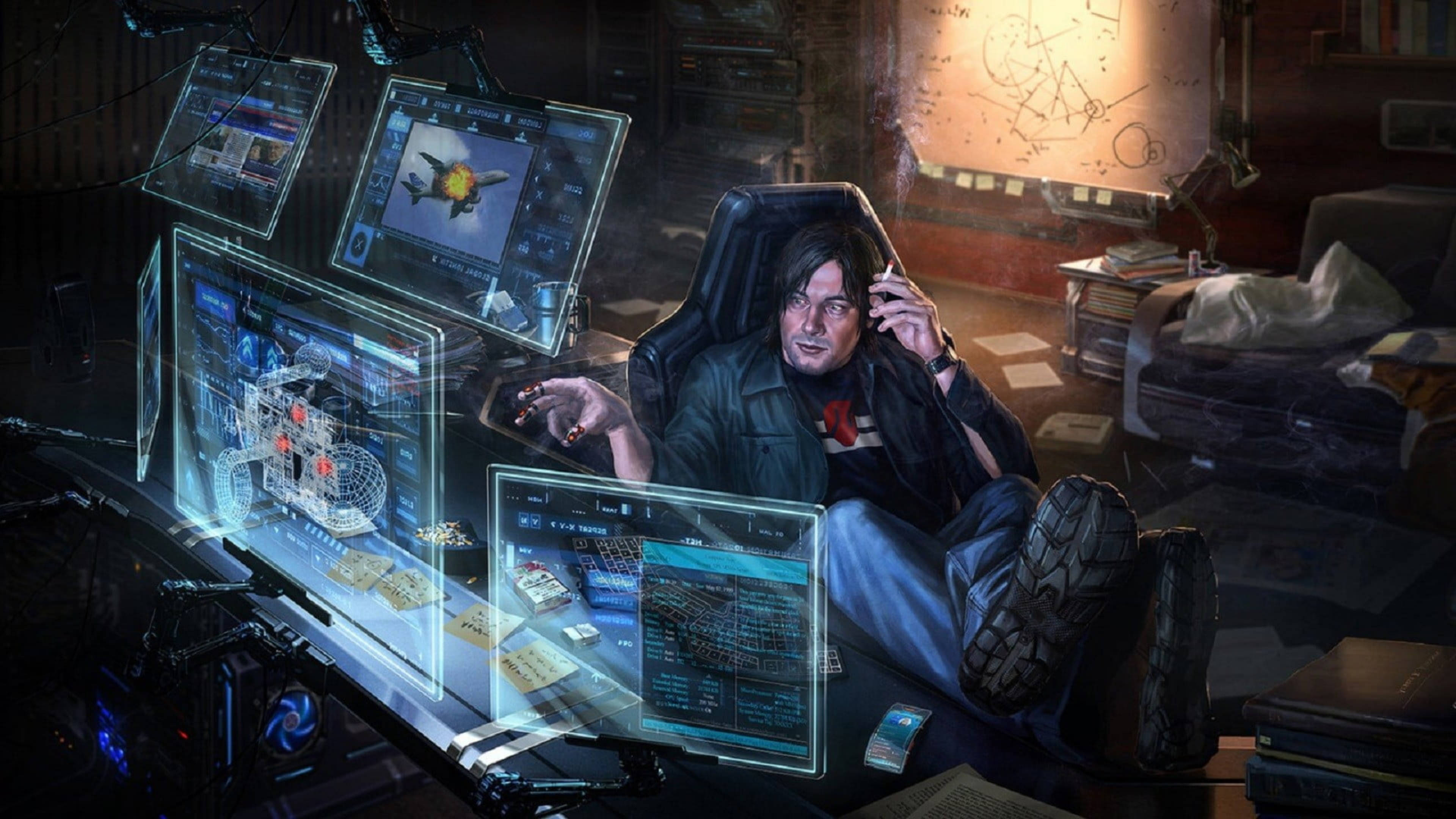 futuristic computer, holographic screens, tech schematics, 4K Desktop Wallpaper