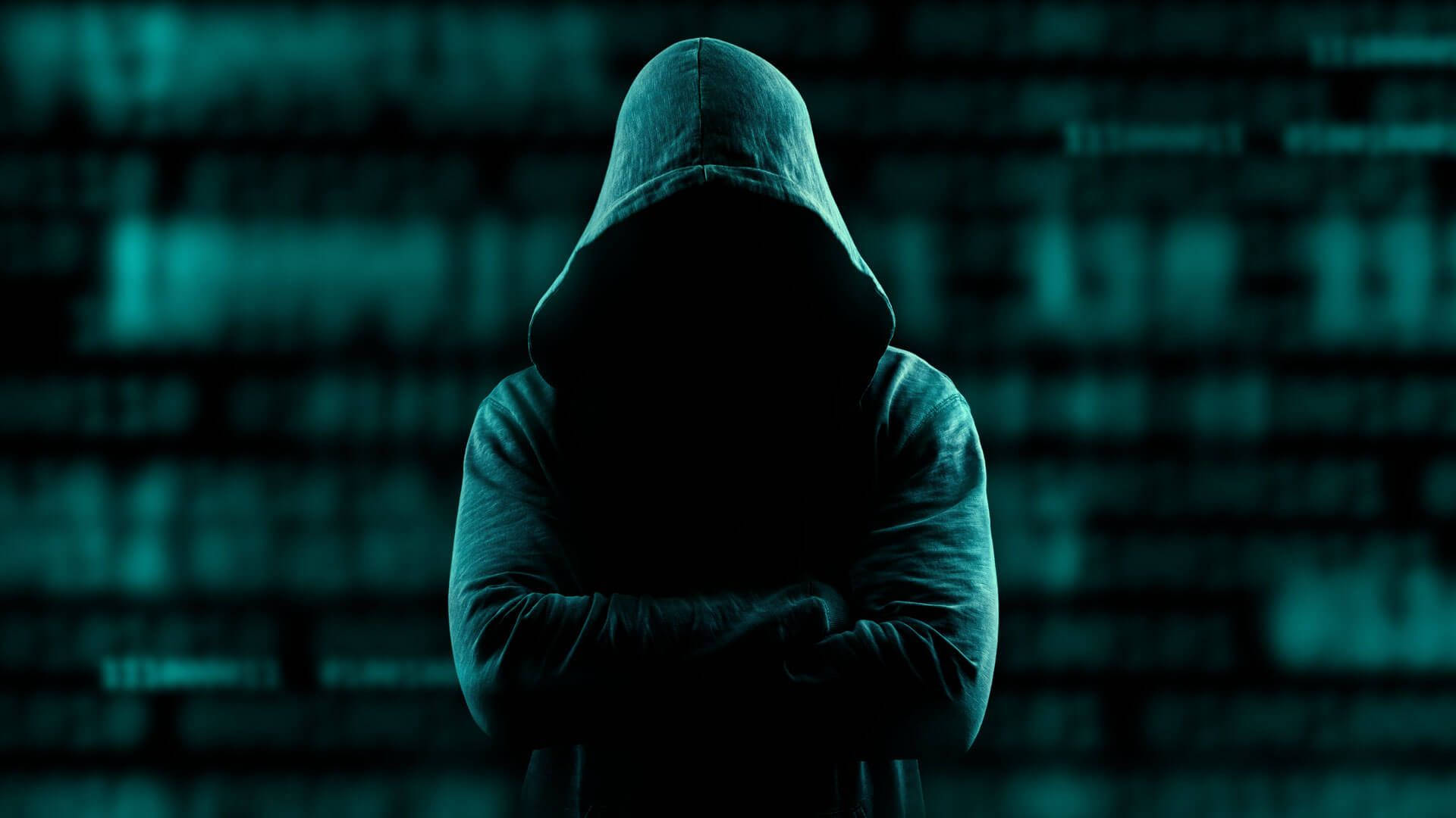Anonymous, hooded figure, teal digital code background, Full HD Desktop Wallpaper
