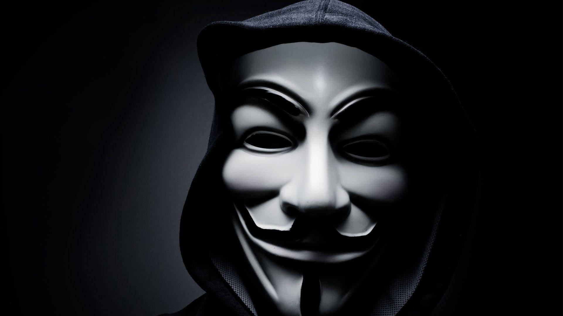 Hacker, black hoodie, white Guy Fawkes mask, Full HD Desktop Wallpaper