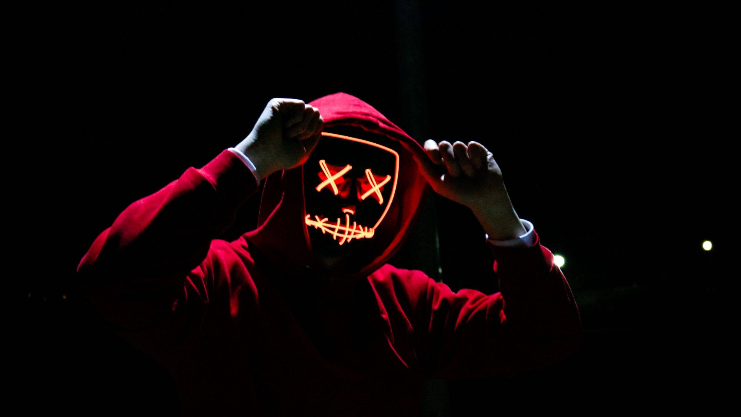 red hoodie, glowing orange LED mask, X eyes, 2K Desktop Wallpaper