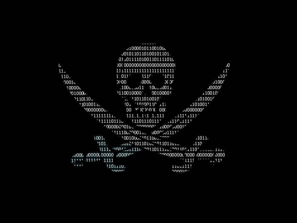 glowing white binary code skull, solid black background, SD Desktop Wallpaper