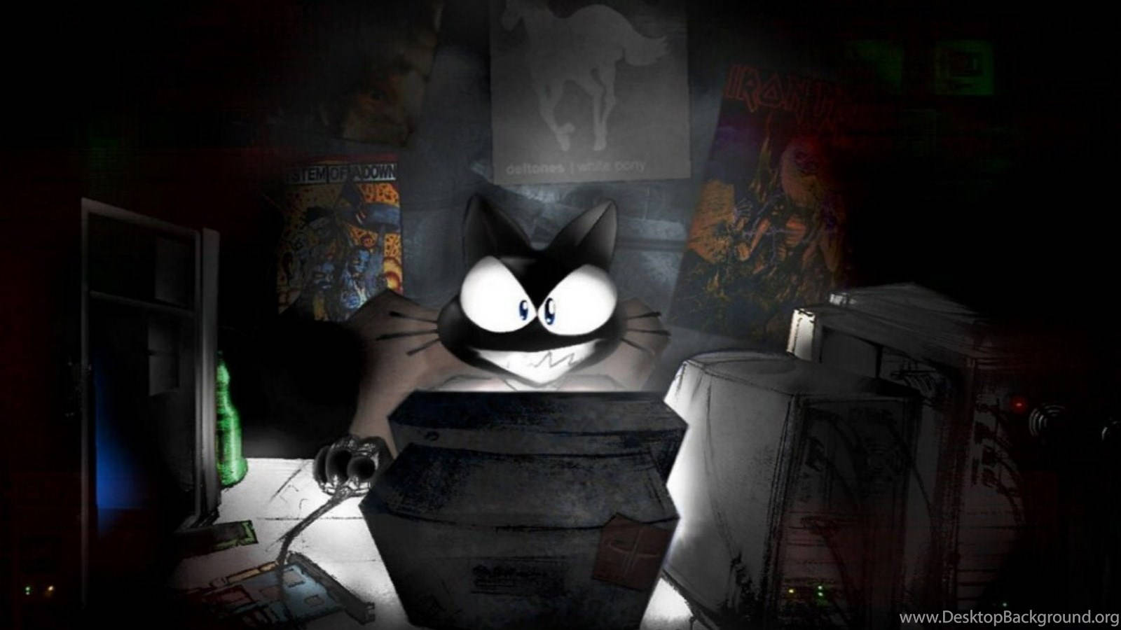 hacker cat cartoon, glowing eyes, trash can, HD Desktop Wallpaper