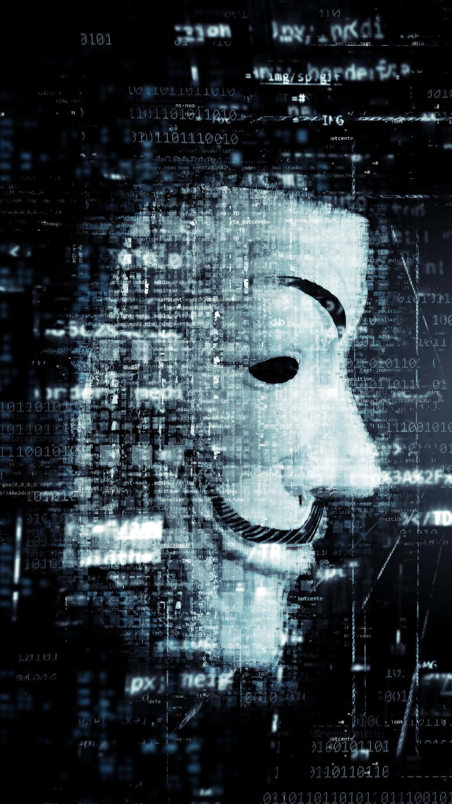 Anonymous mask, binary code, fragmented text, 2K Phone Wallpaper
