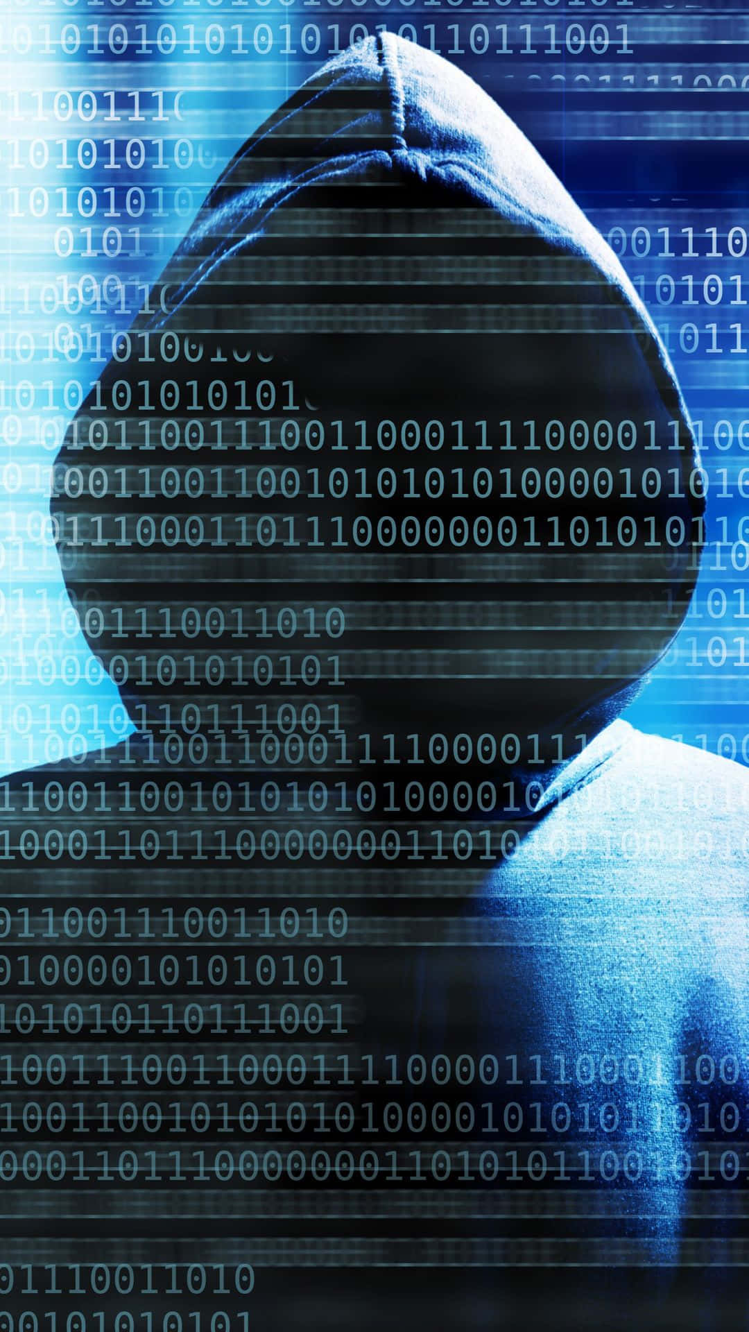 hooded hacker, glowing blue digital matrix, binary code, Full HD Phone Wallpaper