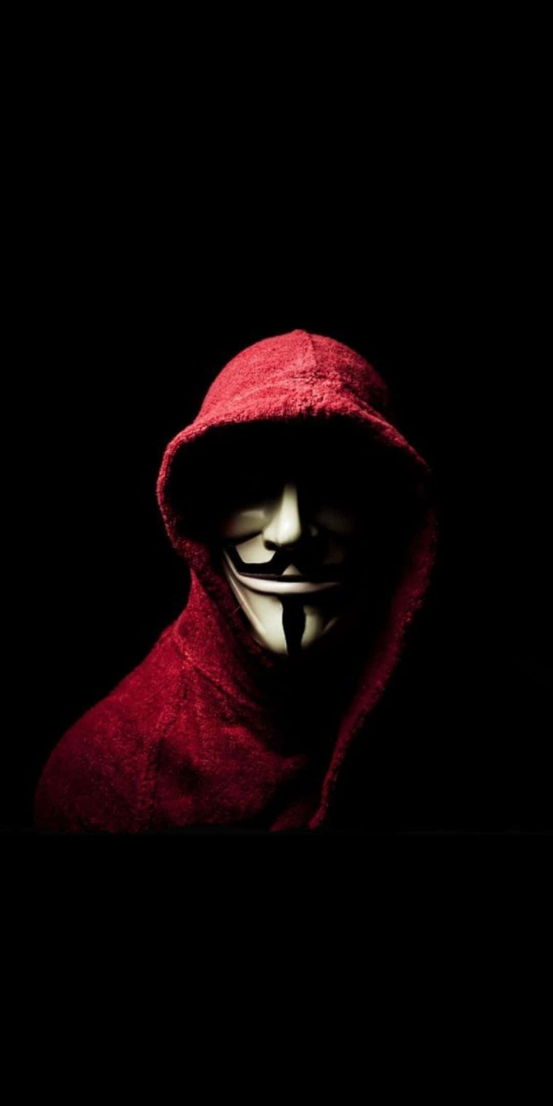 red hoodie, white Guy Fawkes mask, black background, Full HD Phone Wallpaper