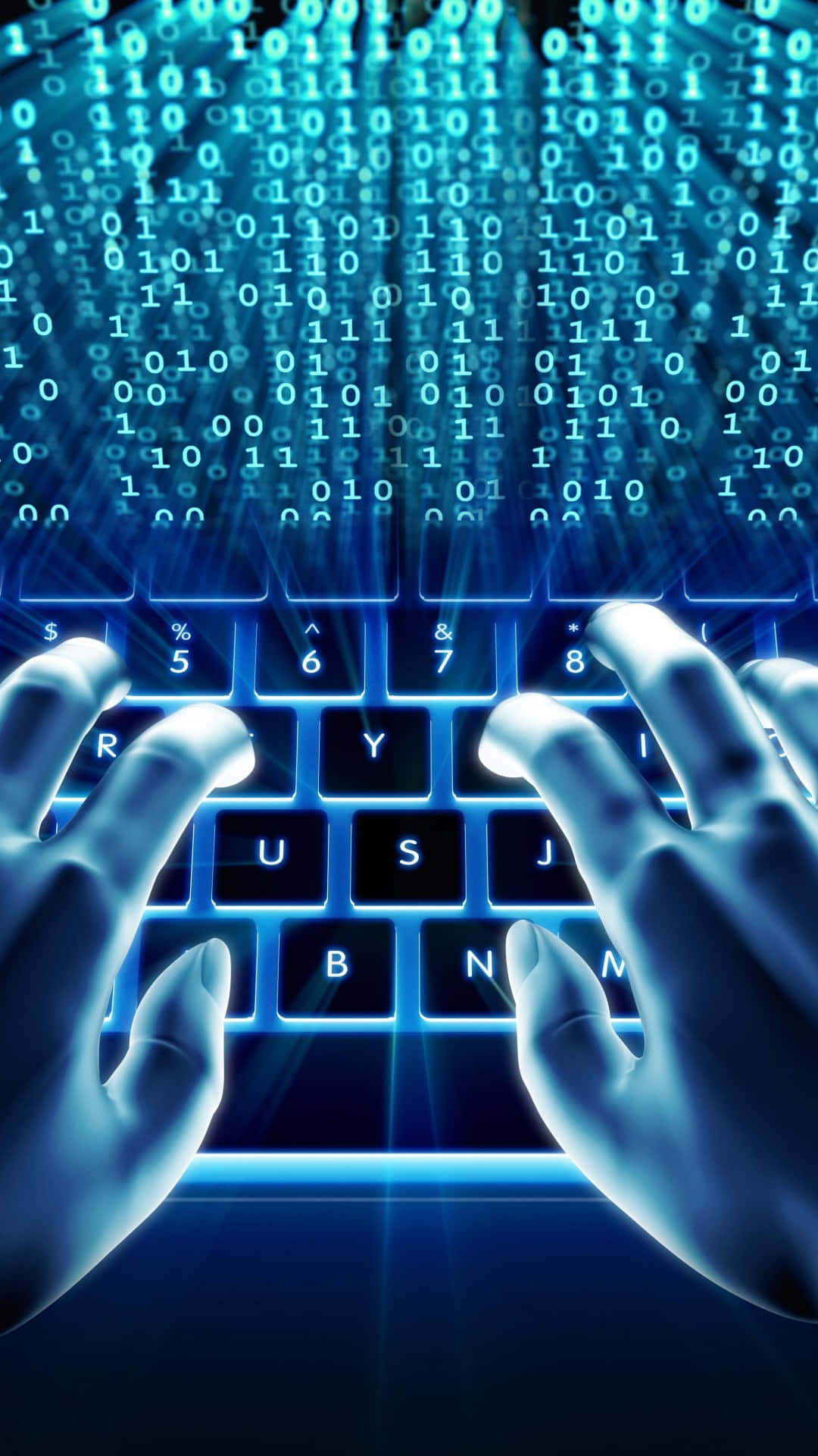 glowing blue keyboard, cascading binary code, digital data storm, Full HD Phone Wallpaper