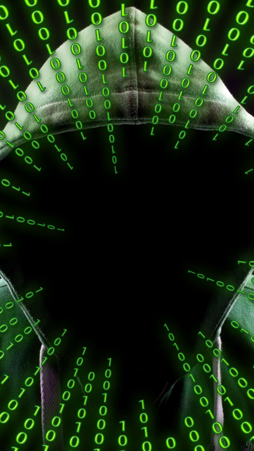 Digital Matrix Code Tunnel, green binary code, hooded figure, Full HD Phone Wallpaper