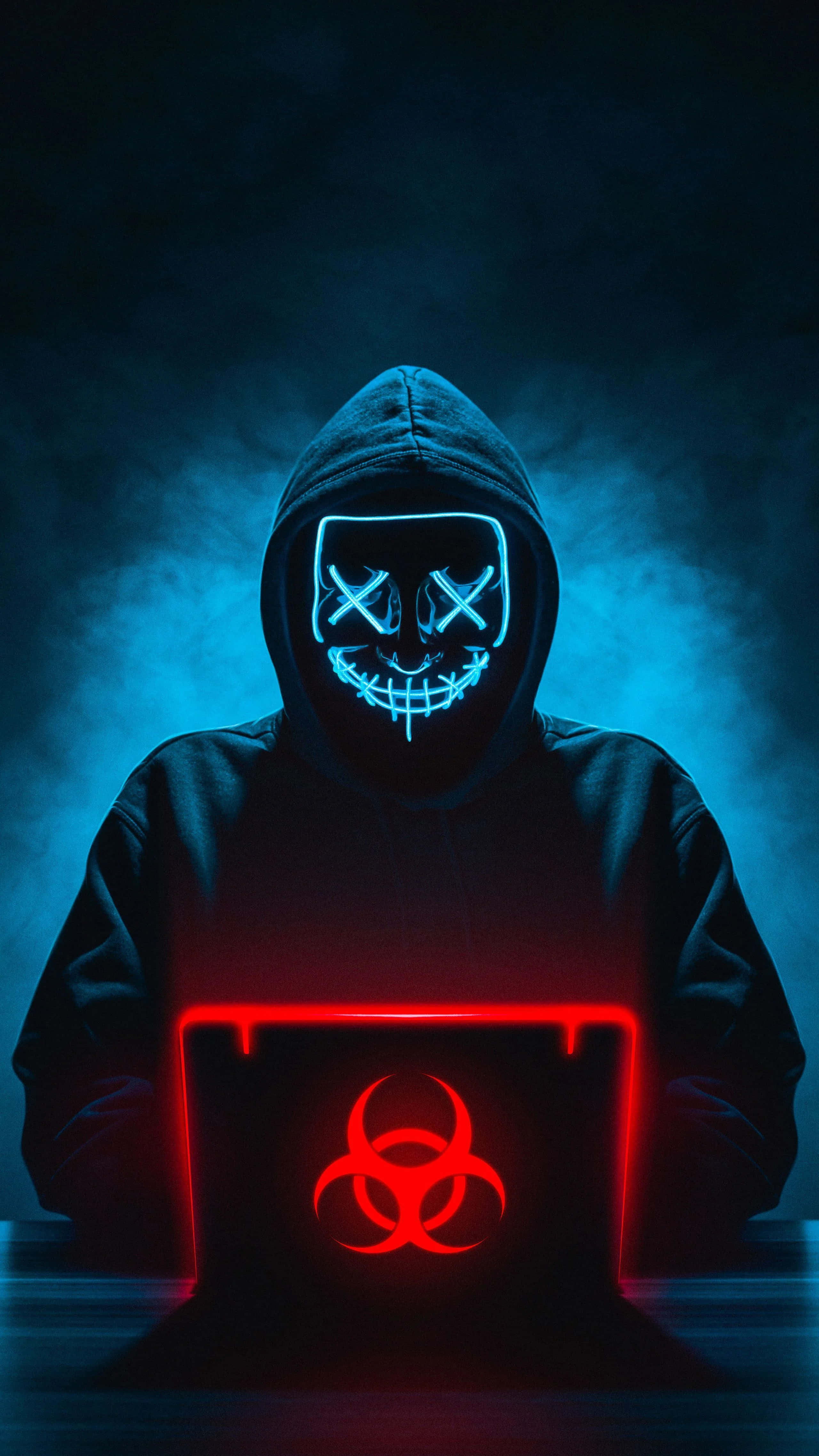 glowing blue LED mask, red biohazard symbol, laptop, 4K Phone Wallpaper