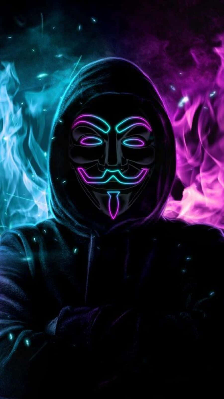 neon hacker mask, glowing neon mask, swirling blue and purple flame background, HD Phone Wallpaper
