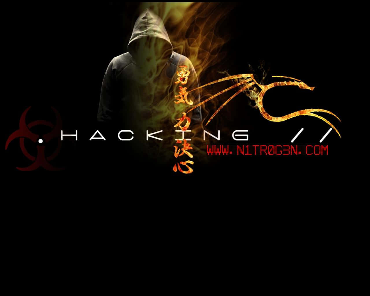 hooded figure, dark background, fiery glowing text, HD Desktop Wallpaper