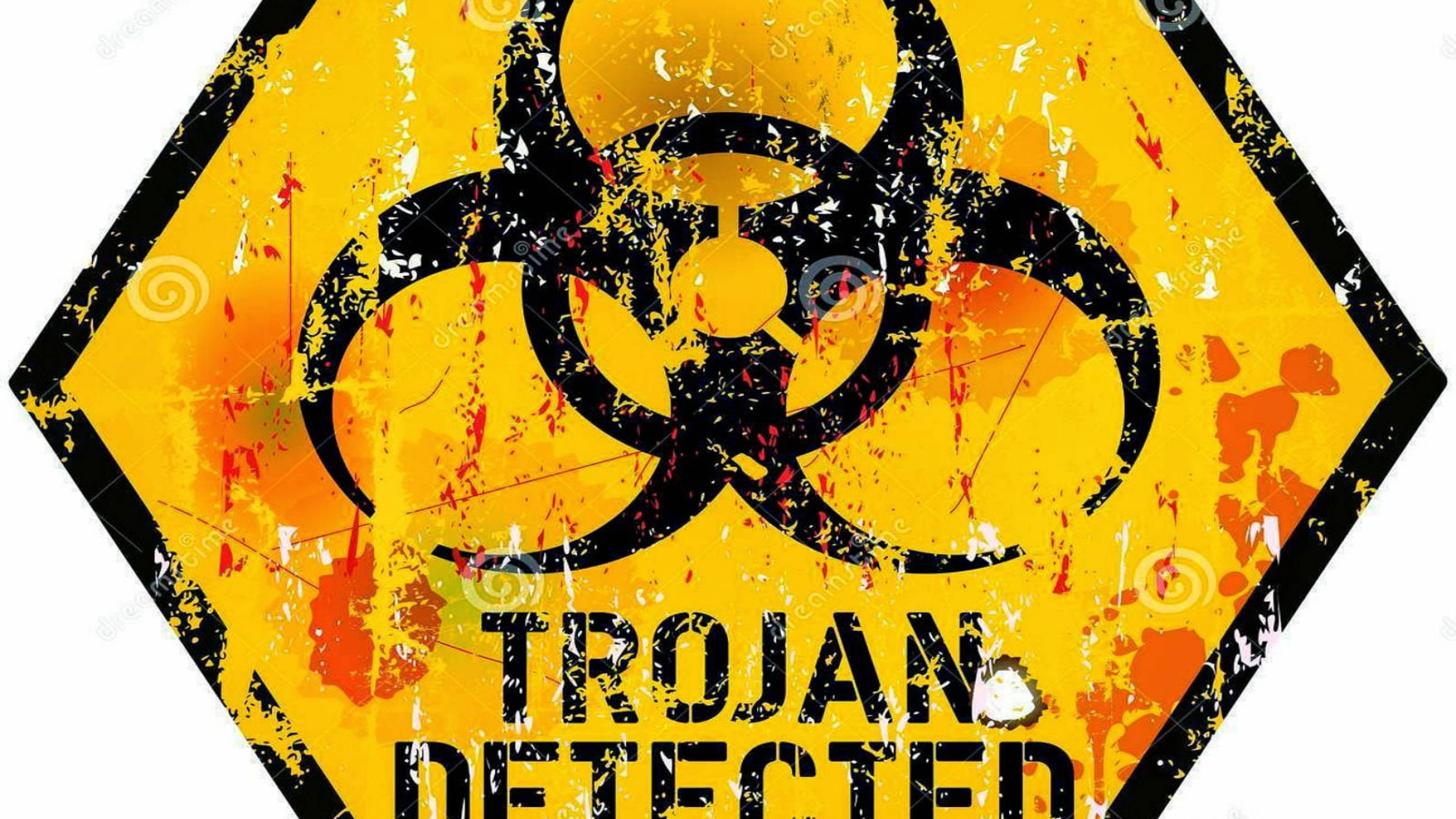 Trojan Detected, yellow hexagonal warning sign, black biohazard symbol, 4K Desktop Wallpaper