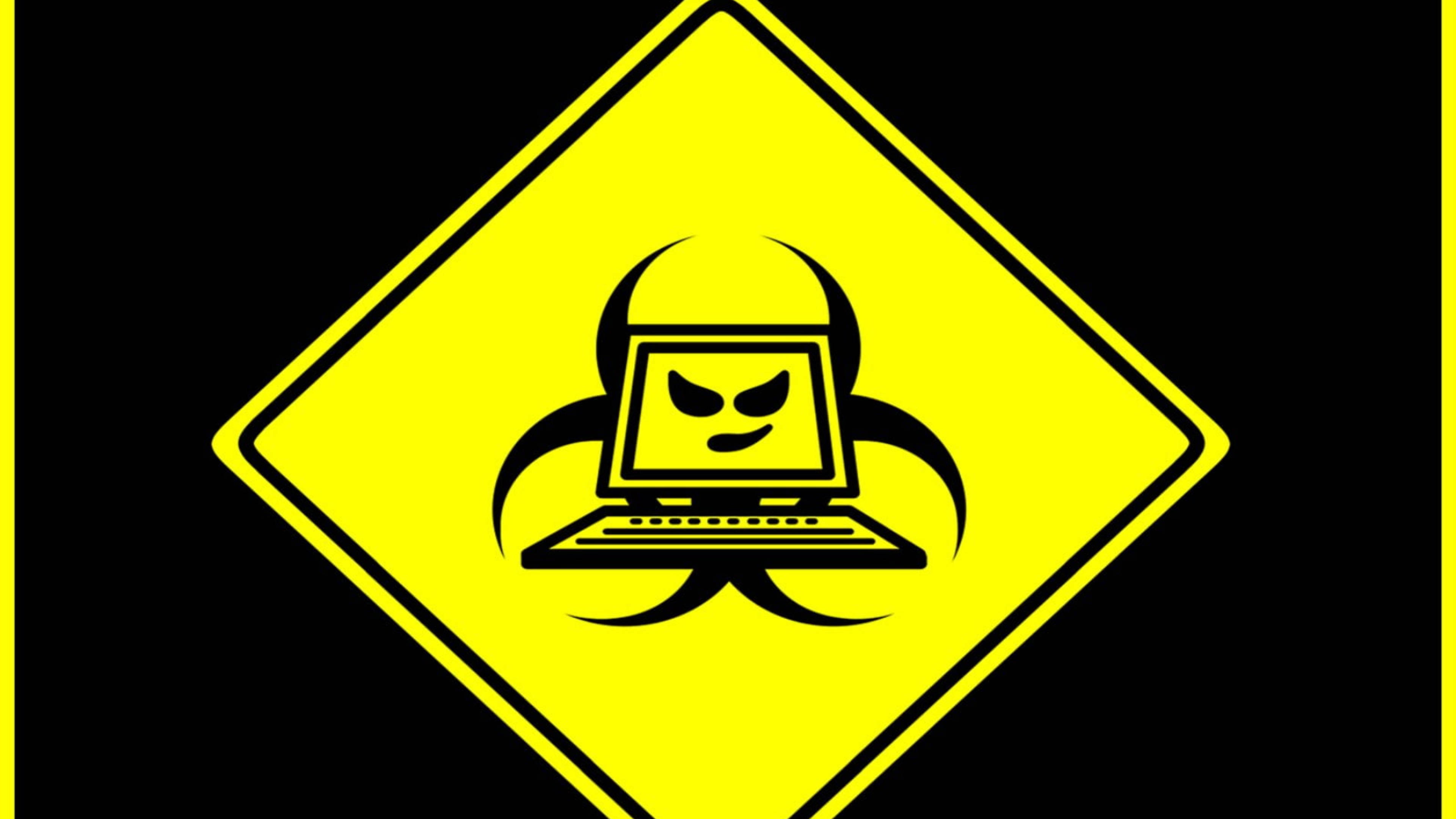yellow diamond warning sign, laptop with an angry face, biohazard symbol, 4K Desktop Wallpaper