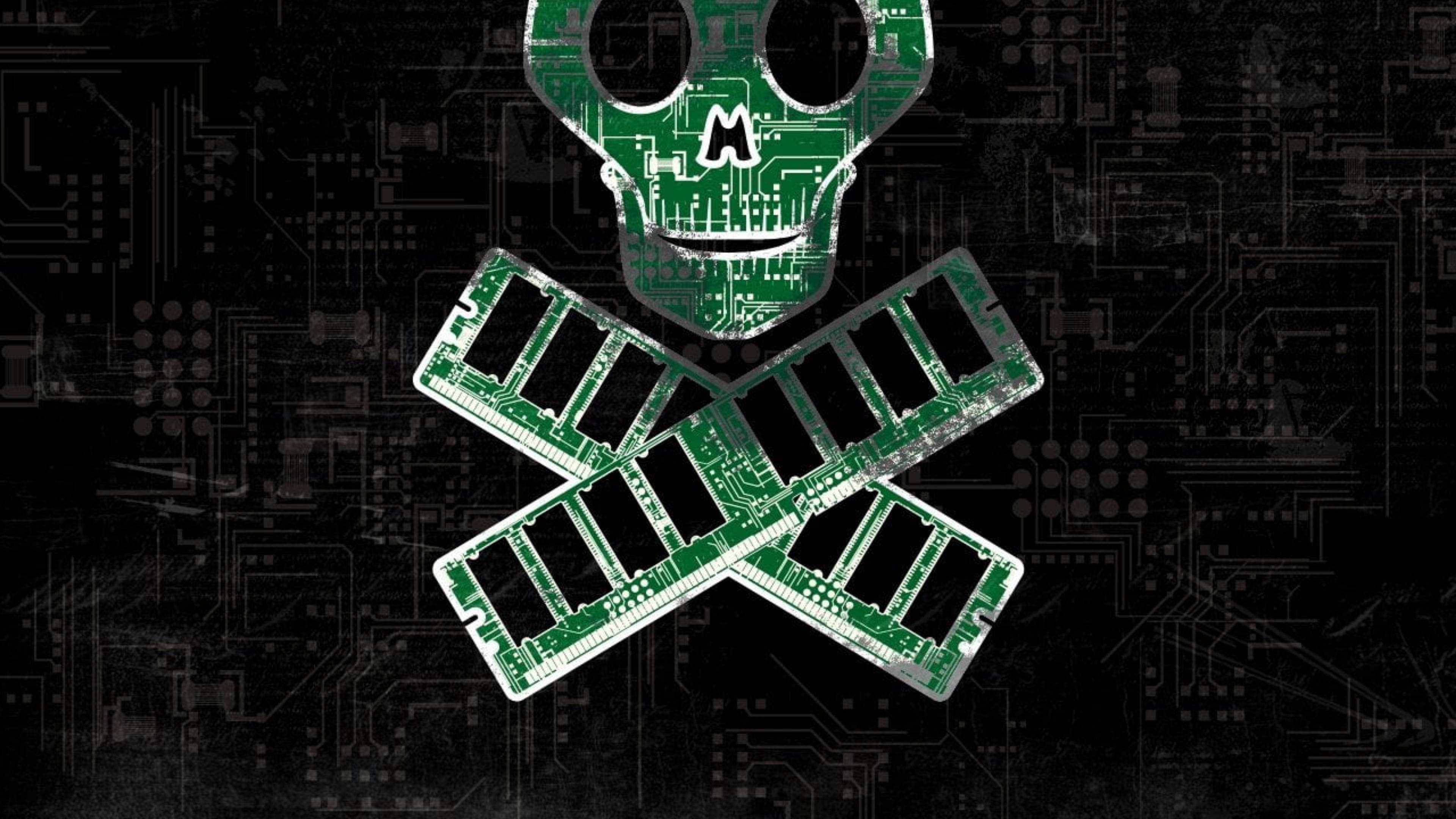green skull, circuit board skull, crossed RAM sticks, 4K Desktop Wallpaper