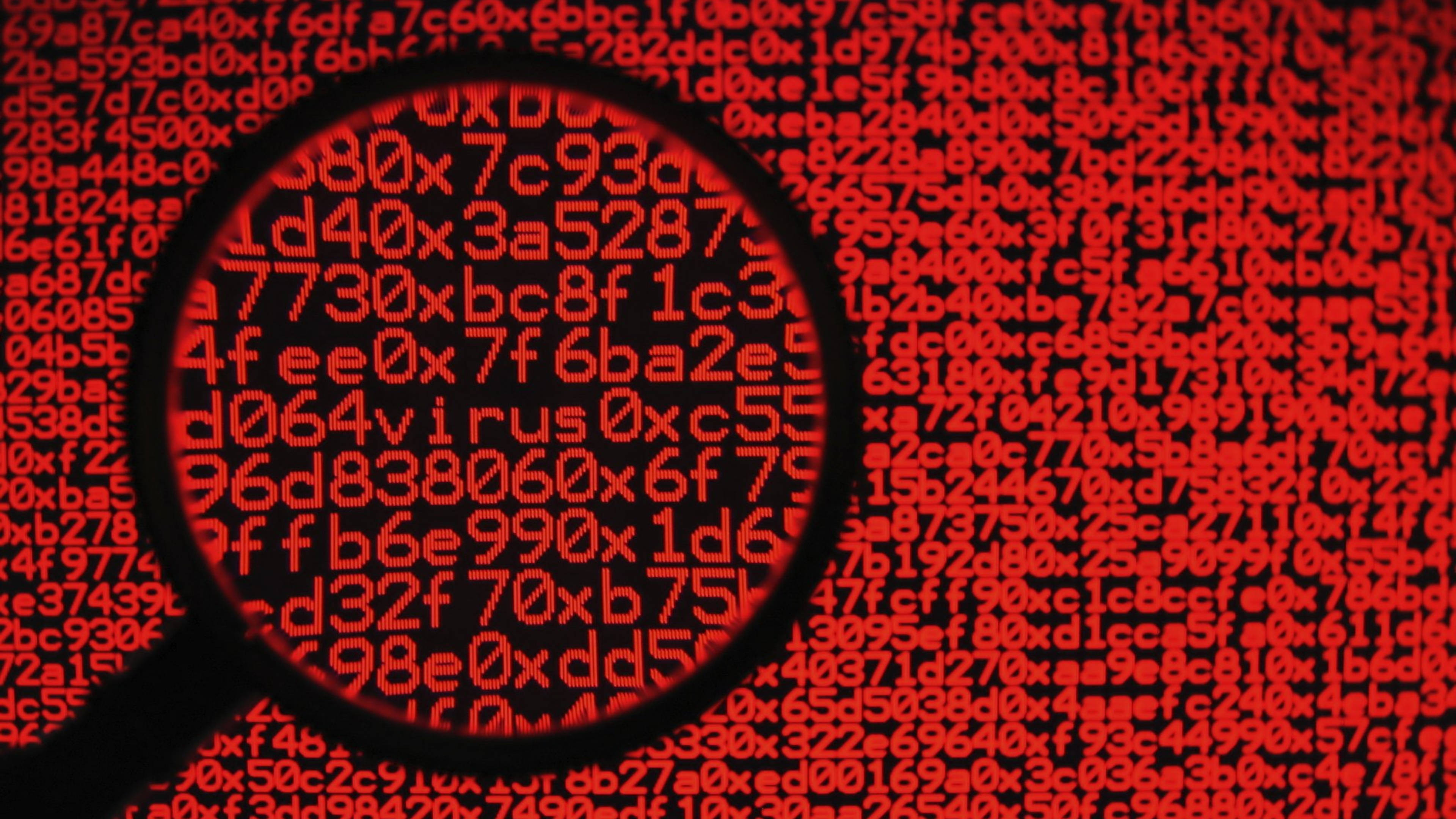 magnifying glass, glowing red hexadecimal code, digital background, 4K Desktop Wallpaper