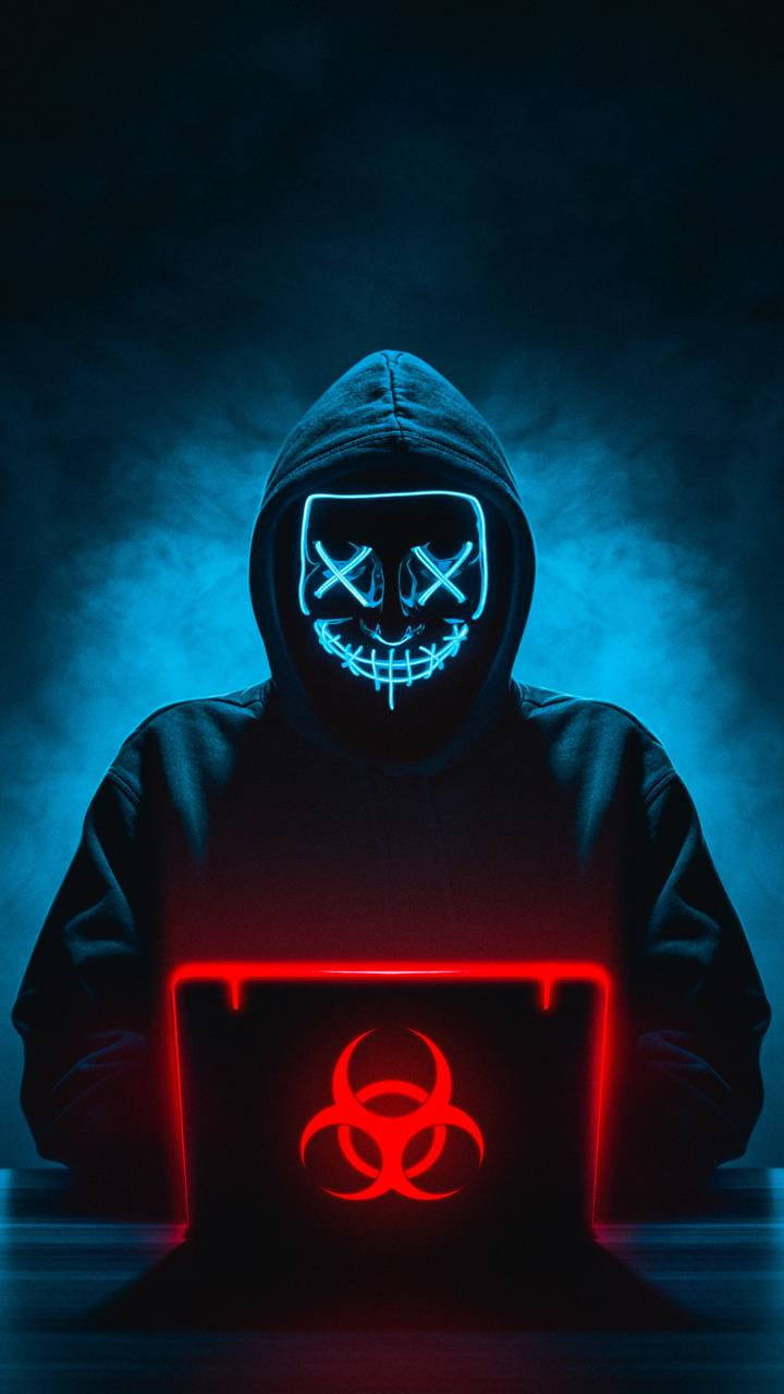 Blue Smoke Hacker Mask, glowing blue mask, laptop, HD Phone Wallpaper