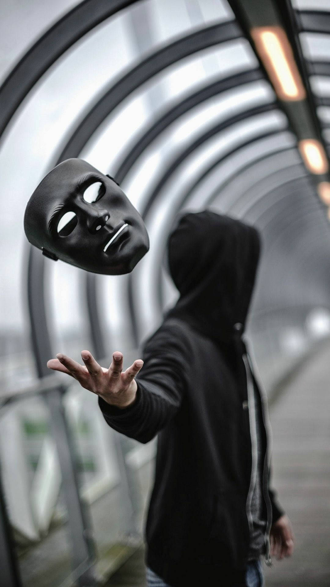 floating black hacker mask, hooded figure, modern tunnel, Full HD Phone Wallpaper