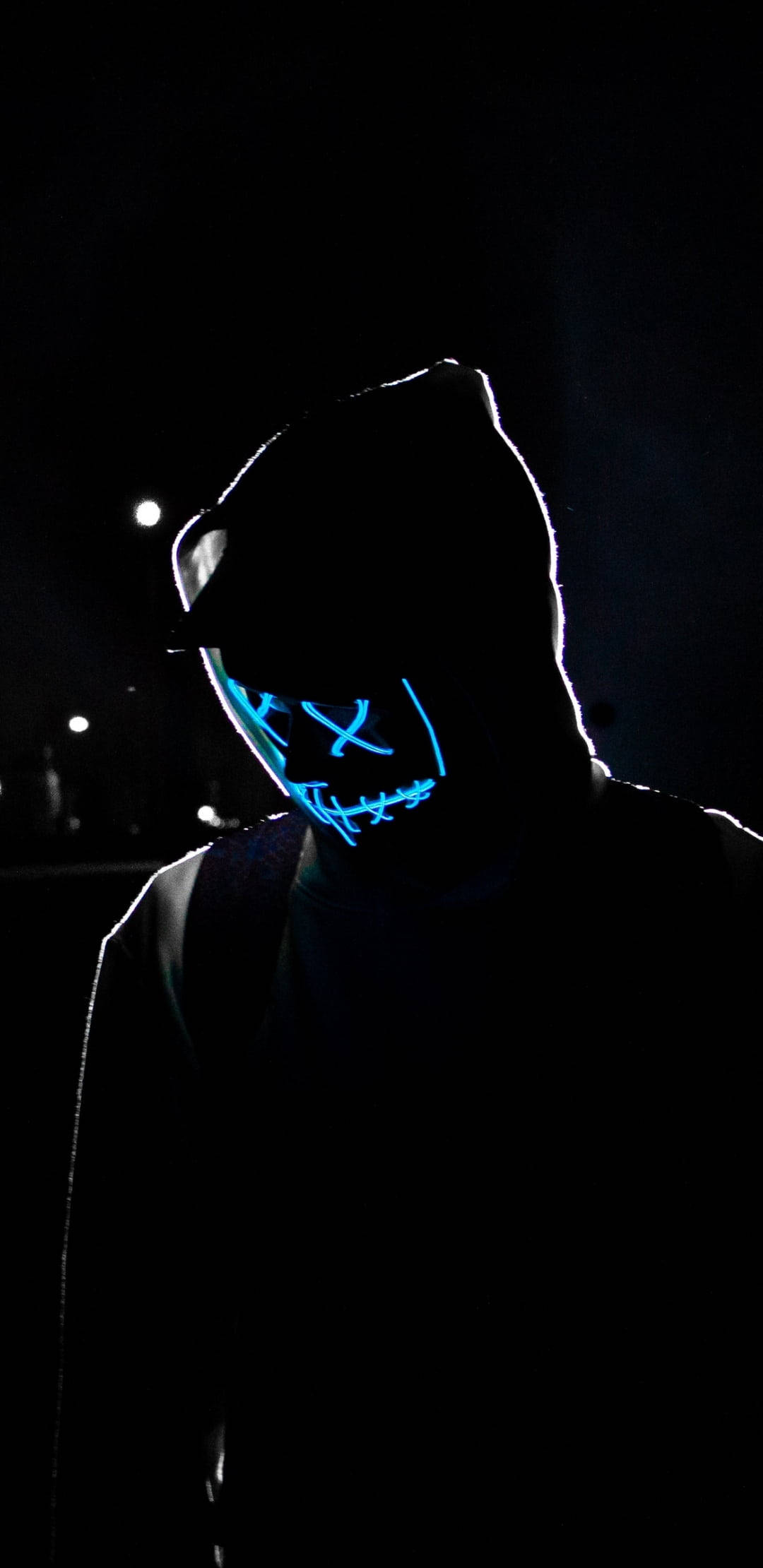 neon blue hacker mask, hooded figure, bright blue LED mask, Full HD Phone Wallpaper