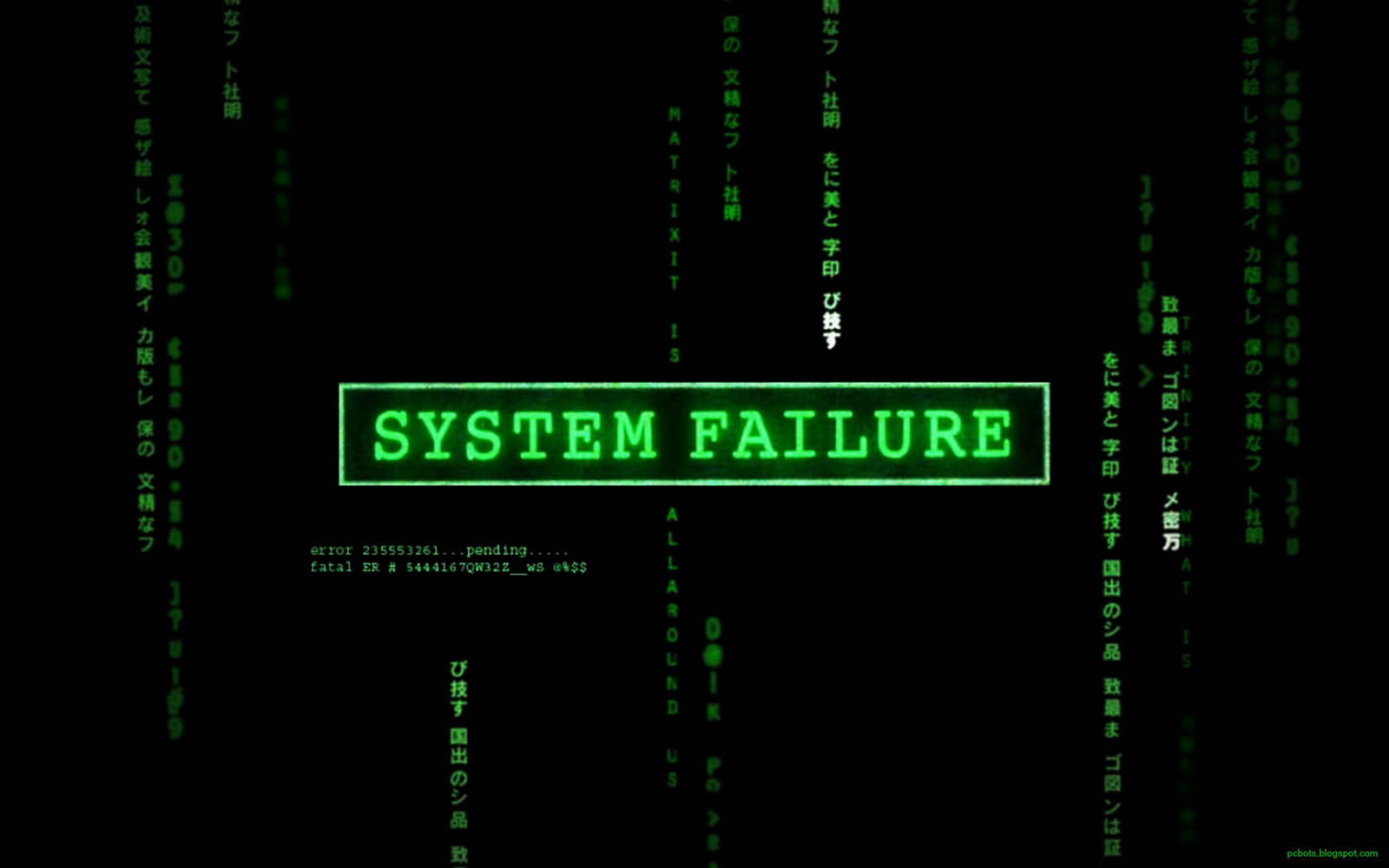 SYSTEM FAILURE, glowing green, cascading Japanese text, HD Desktop Wallpaper