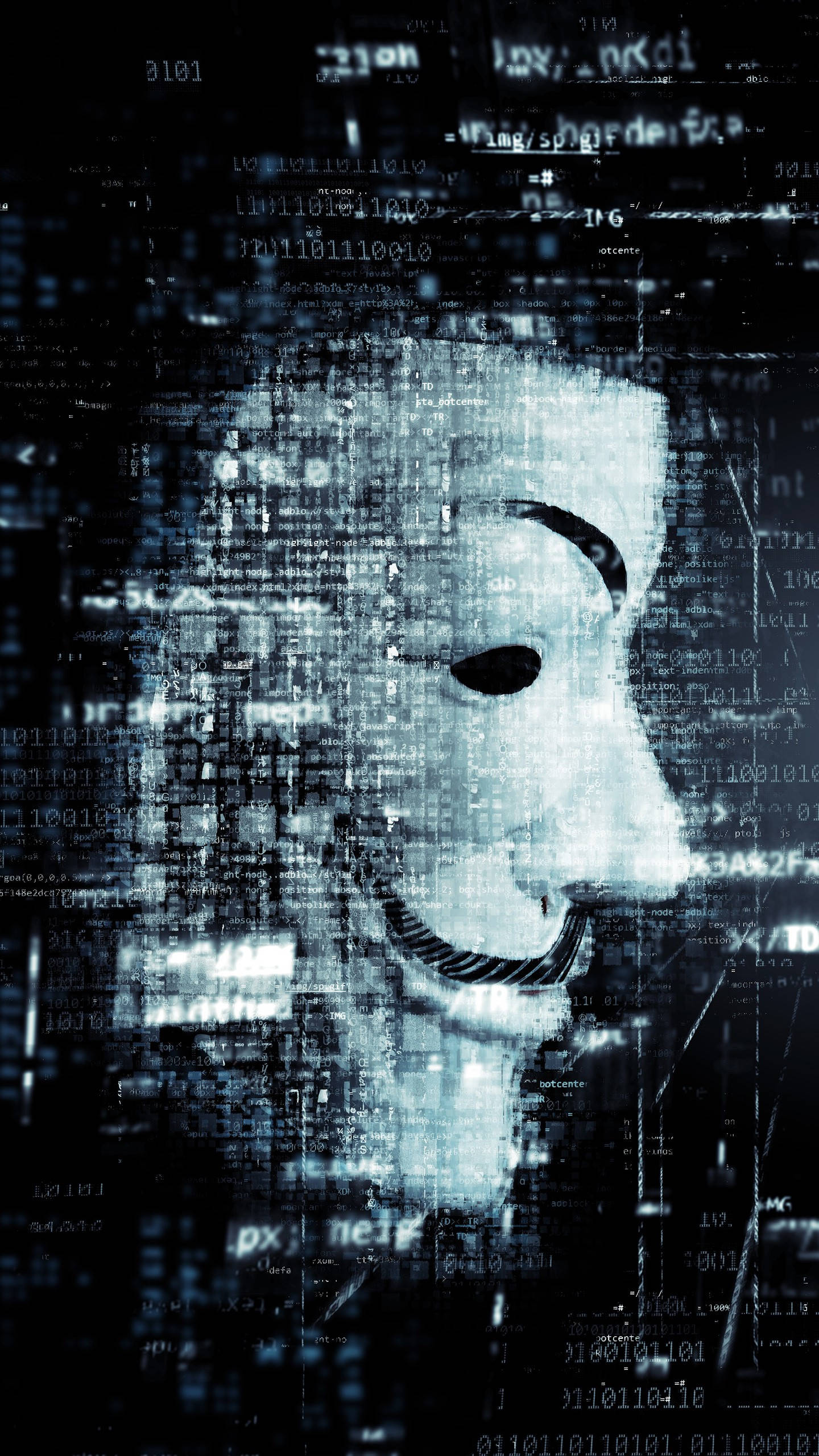 Anonymous mask, glitchy digital portrait, floating code, 2K Phone Wallpaper