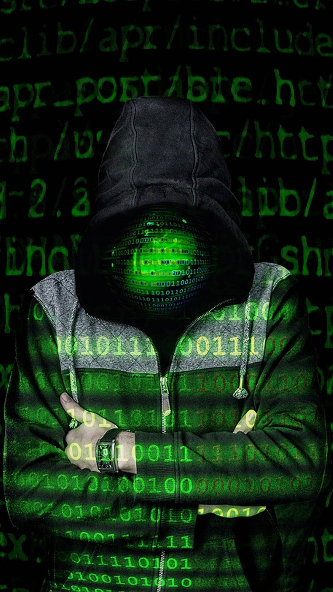 hooded figure, glowing green binary eyes, dark background, Full HD Phone Wallpaper