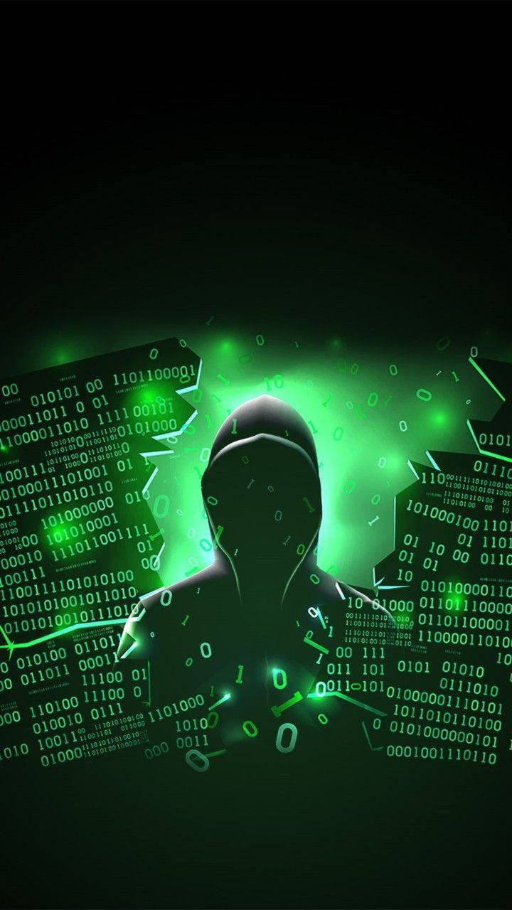 hooded figure, glowing green binary code, dark background, HD Phone Wallpaper