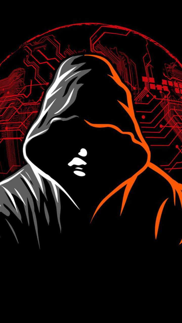 hooded figure, glowing orange outlines, red circuit board globe, HD Phone Wallpaper