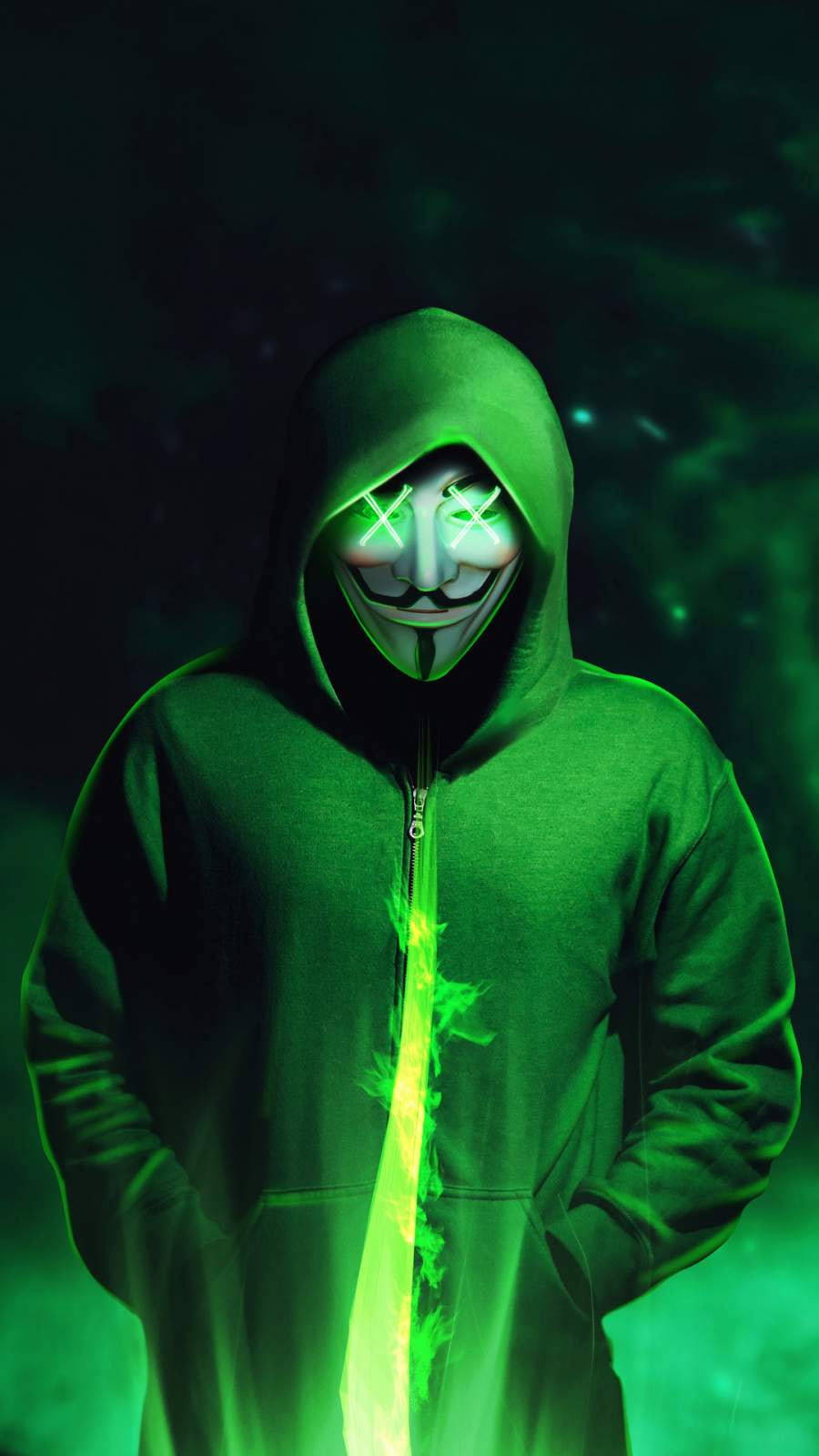 green hoodie, glowing Guy Fawkes mask, dark green smoky background, HD Phone Wallpaper