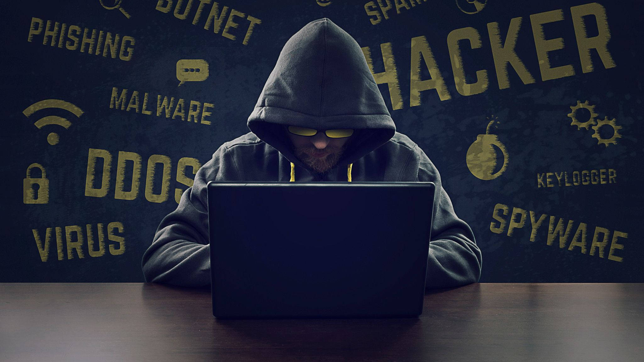 hooded hacker, glowing glasses, laptop, Full HD Desktop Wallpaper