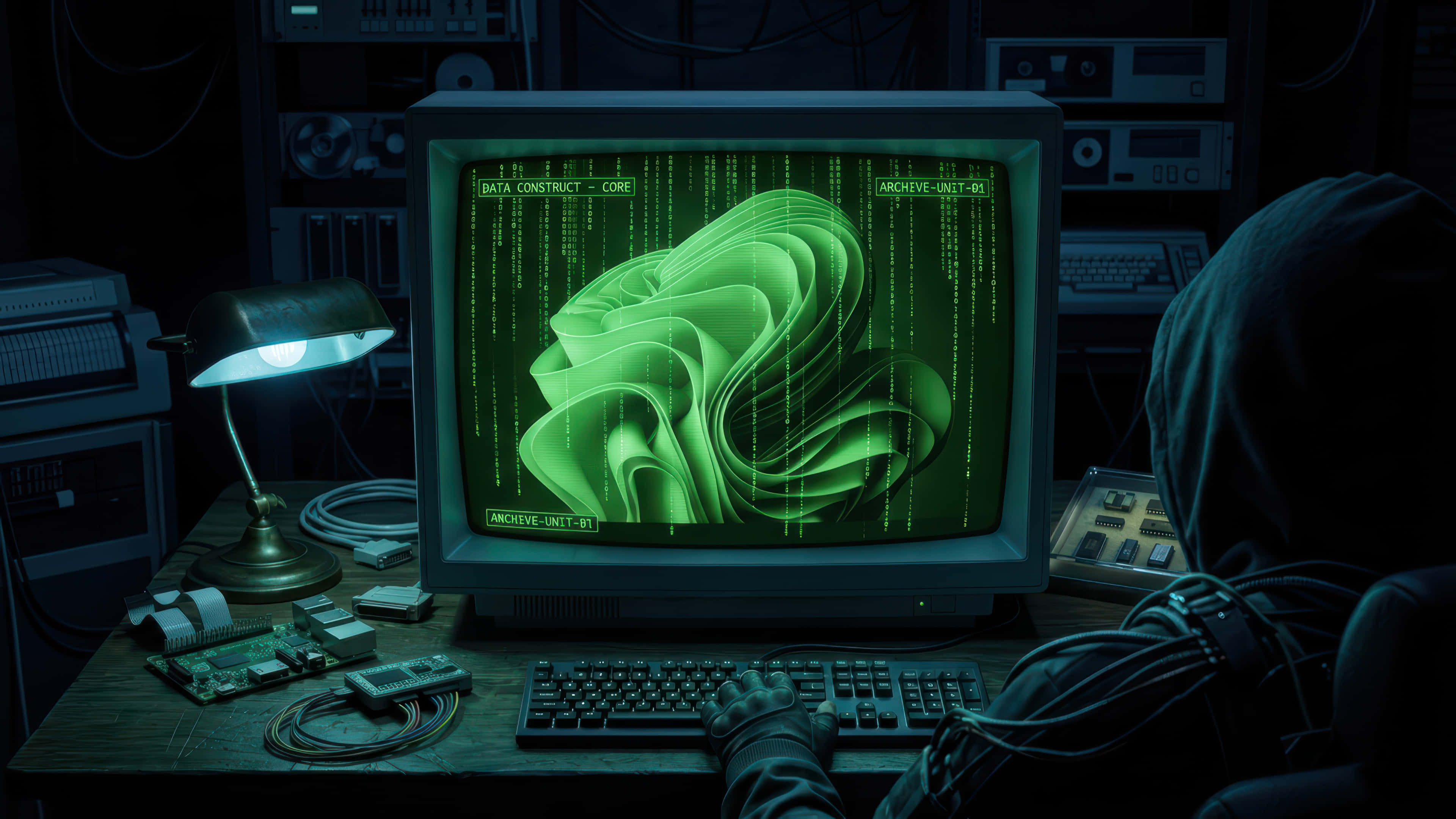 hooded figure, dark retro tech lab, vintage monitor, 4K Desktop Wallpaper