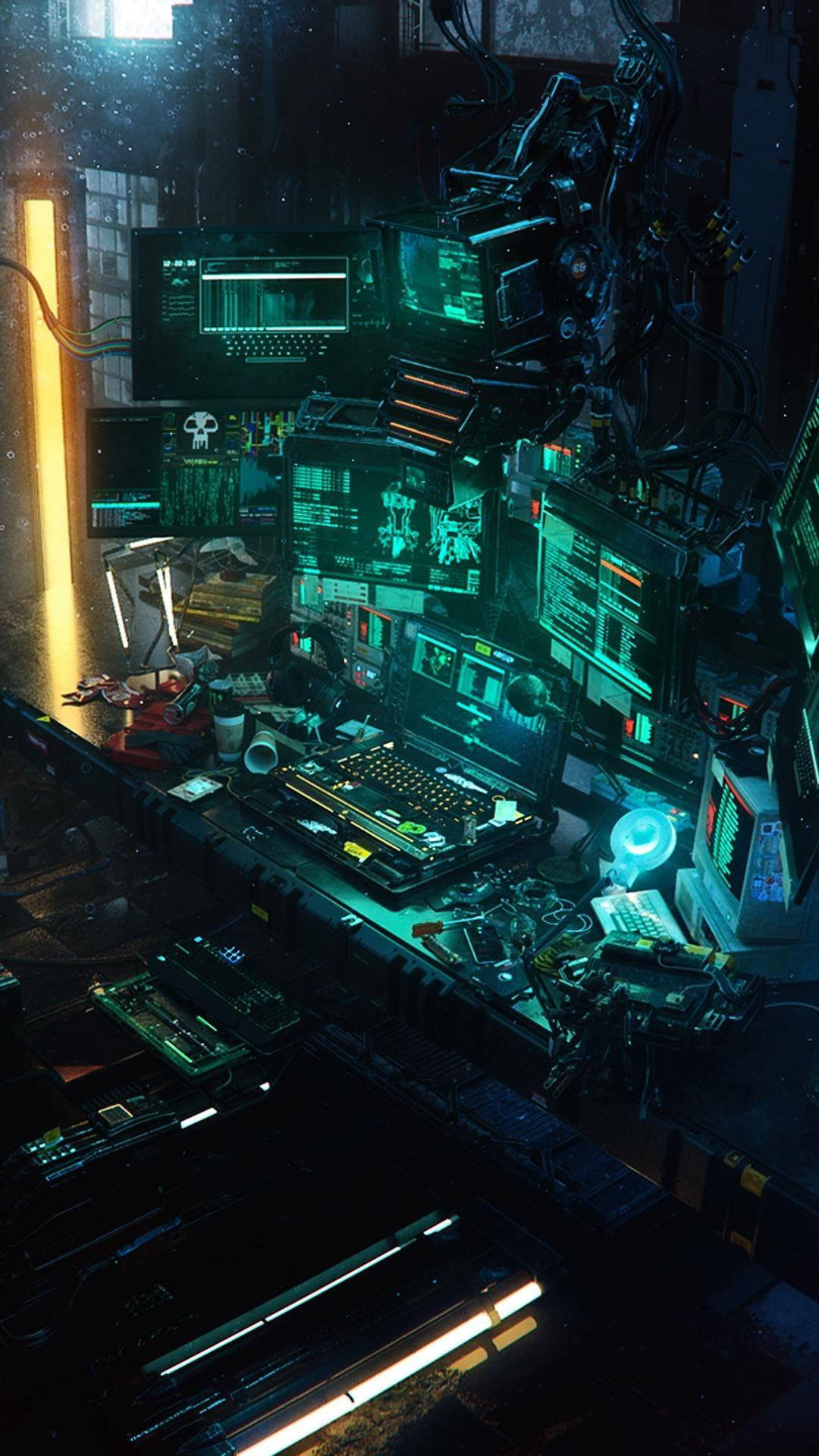 cyberpunk hacker's den, neon green glow, multiple monitors, Full HD Phone Wallpaper