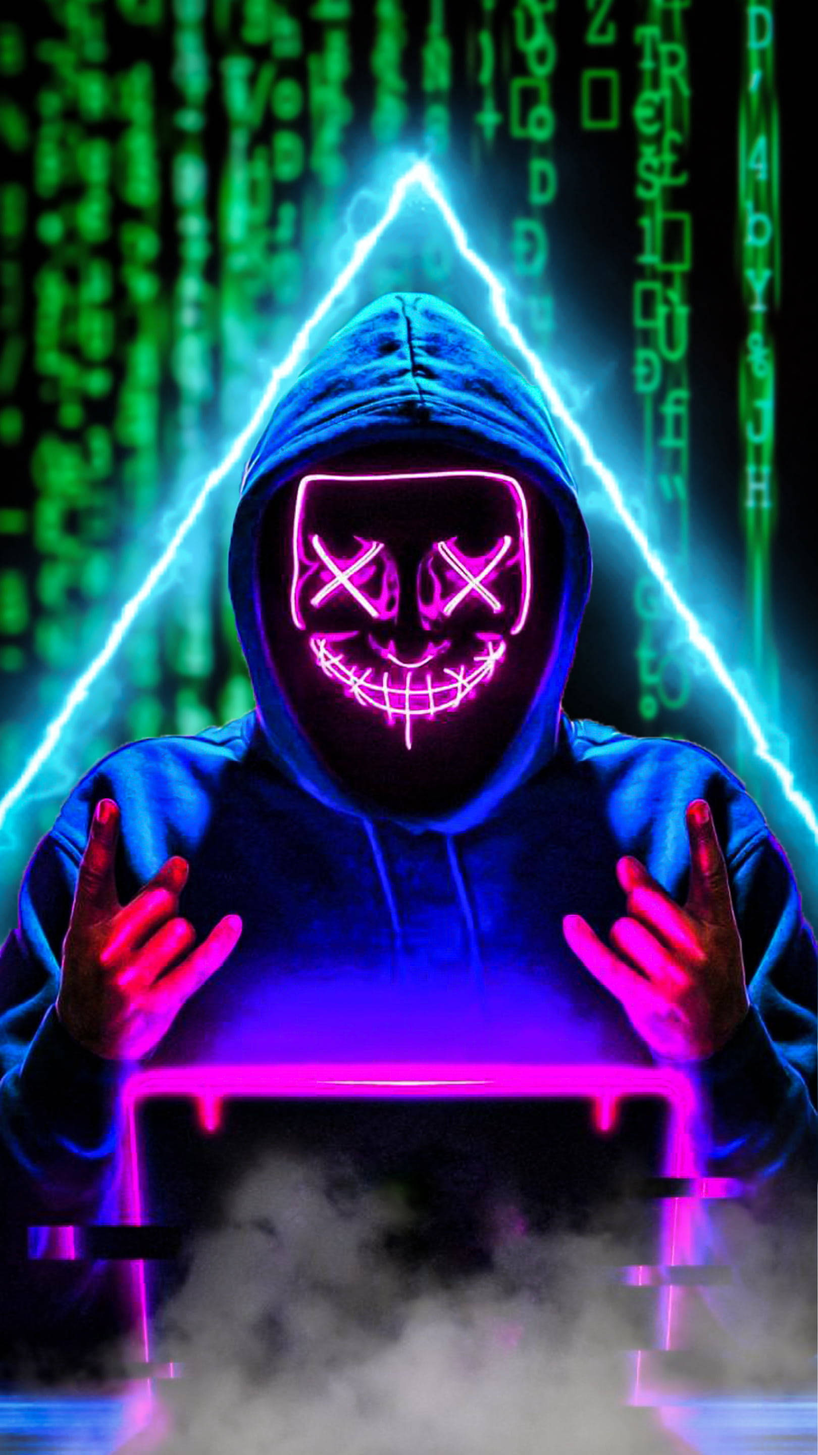 neon hacker, glowing pink mask, laptop, 2K Phone Wallpaper