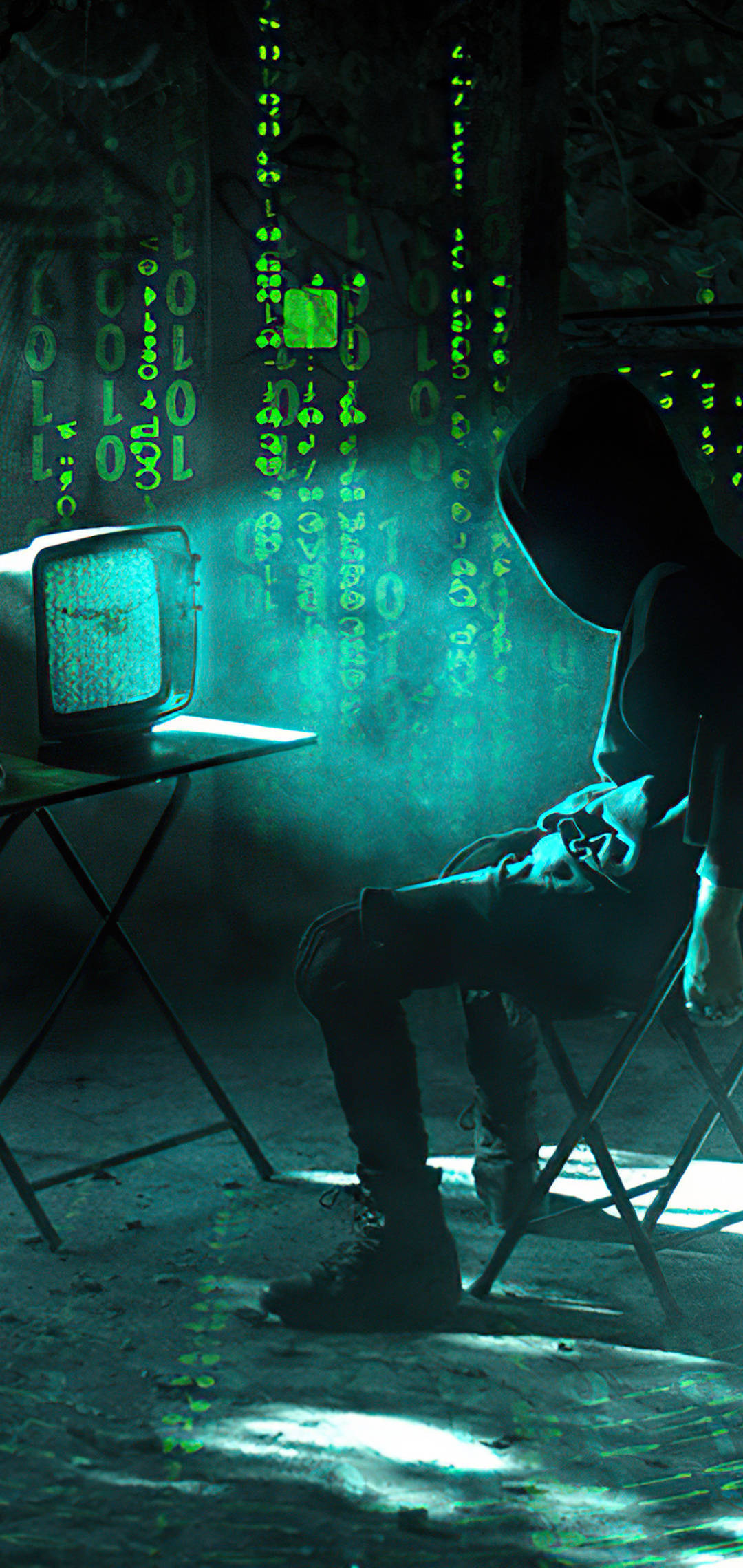 hooded figure, dim room, green digital code, Full HD Phone Wallpaper