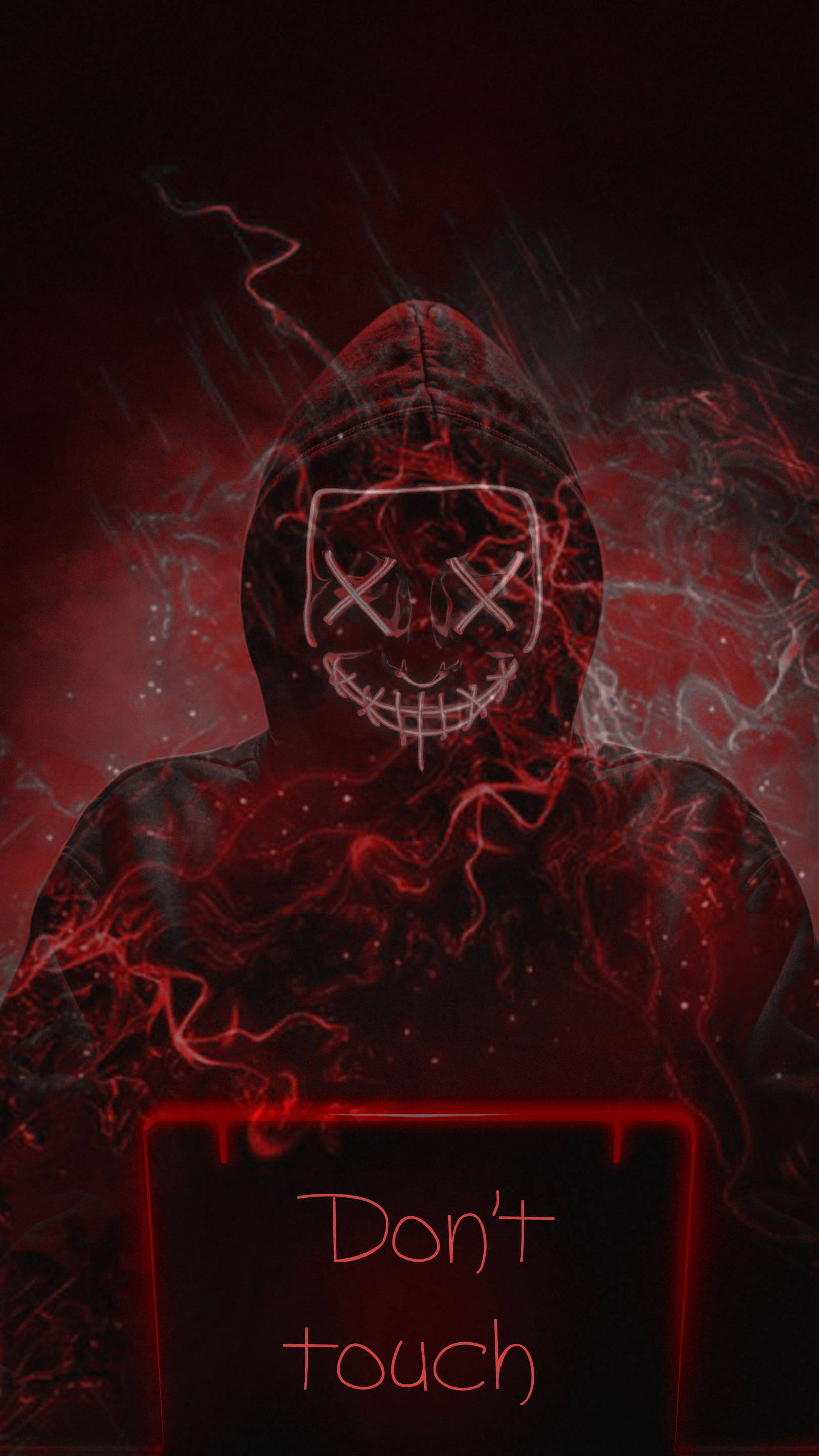 hooded figure, glowing red X eyes, jagged grin, 2K Phone Wallpaper