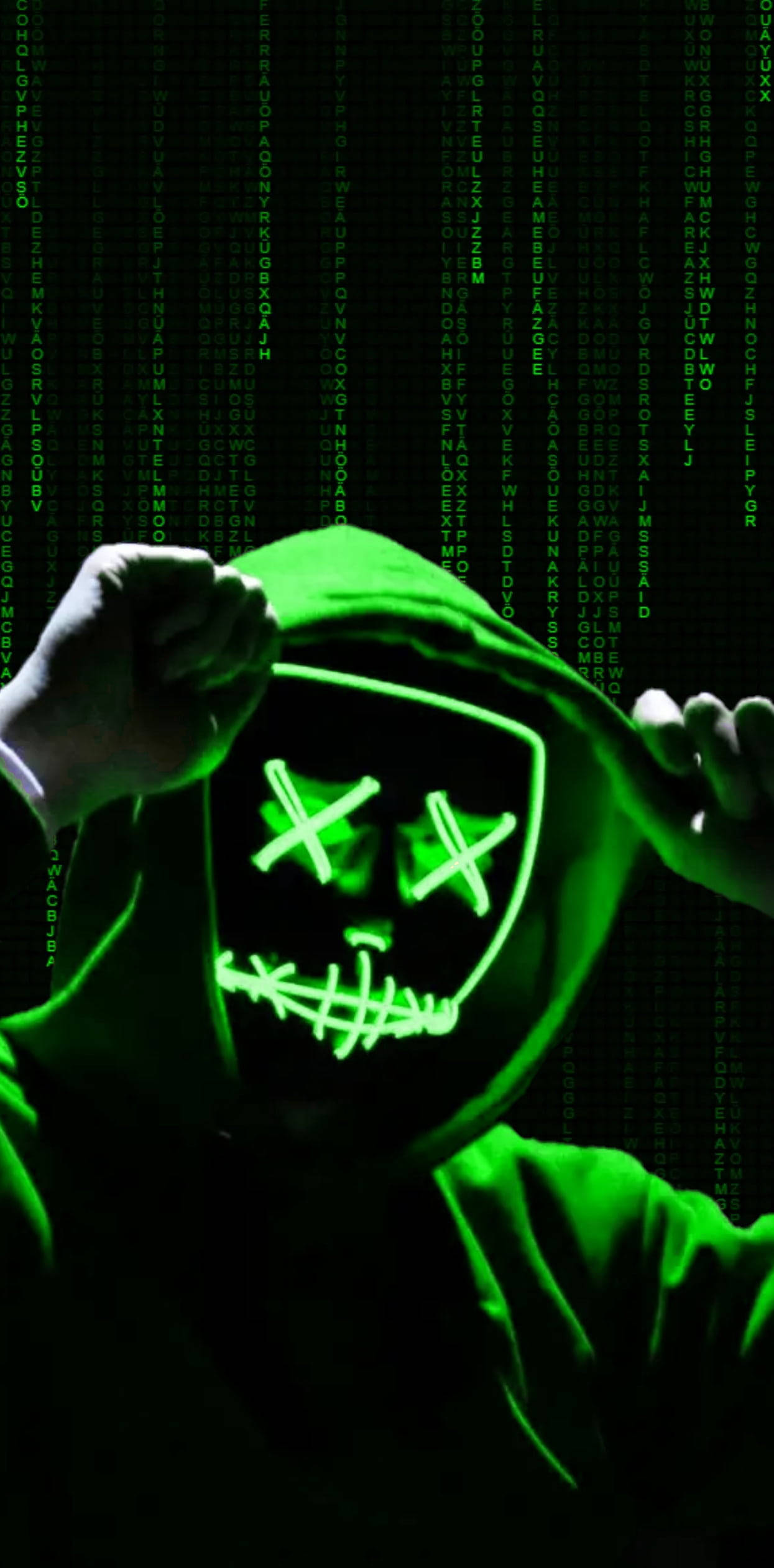 neon green hacker mask, glowing green skull mask, cascading green digital code background, Full HD Phone Wallpaper