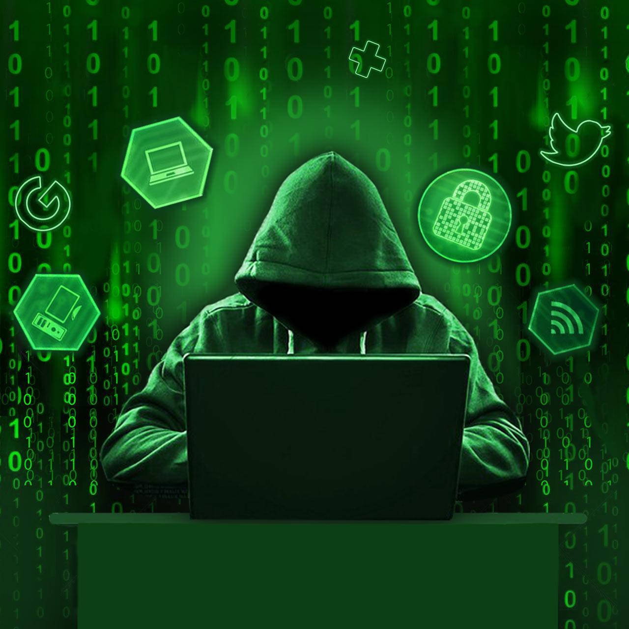 green hacker, laptop, glowing green digital symbols, HD Desktop Wallpaper