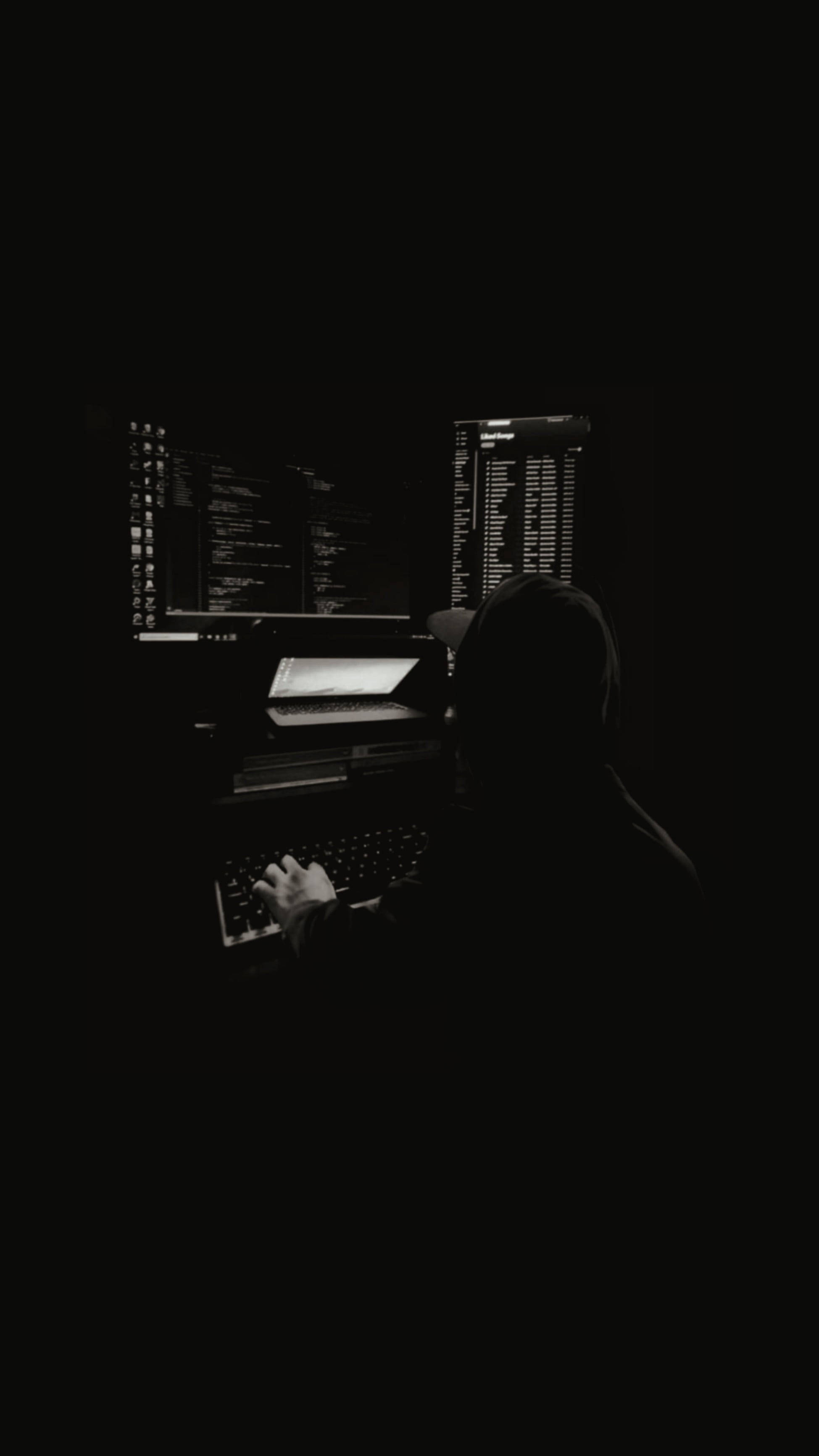 grayscale hacker, workstation, computer screens, 2K Phone Wallpaper