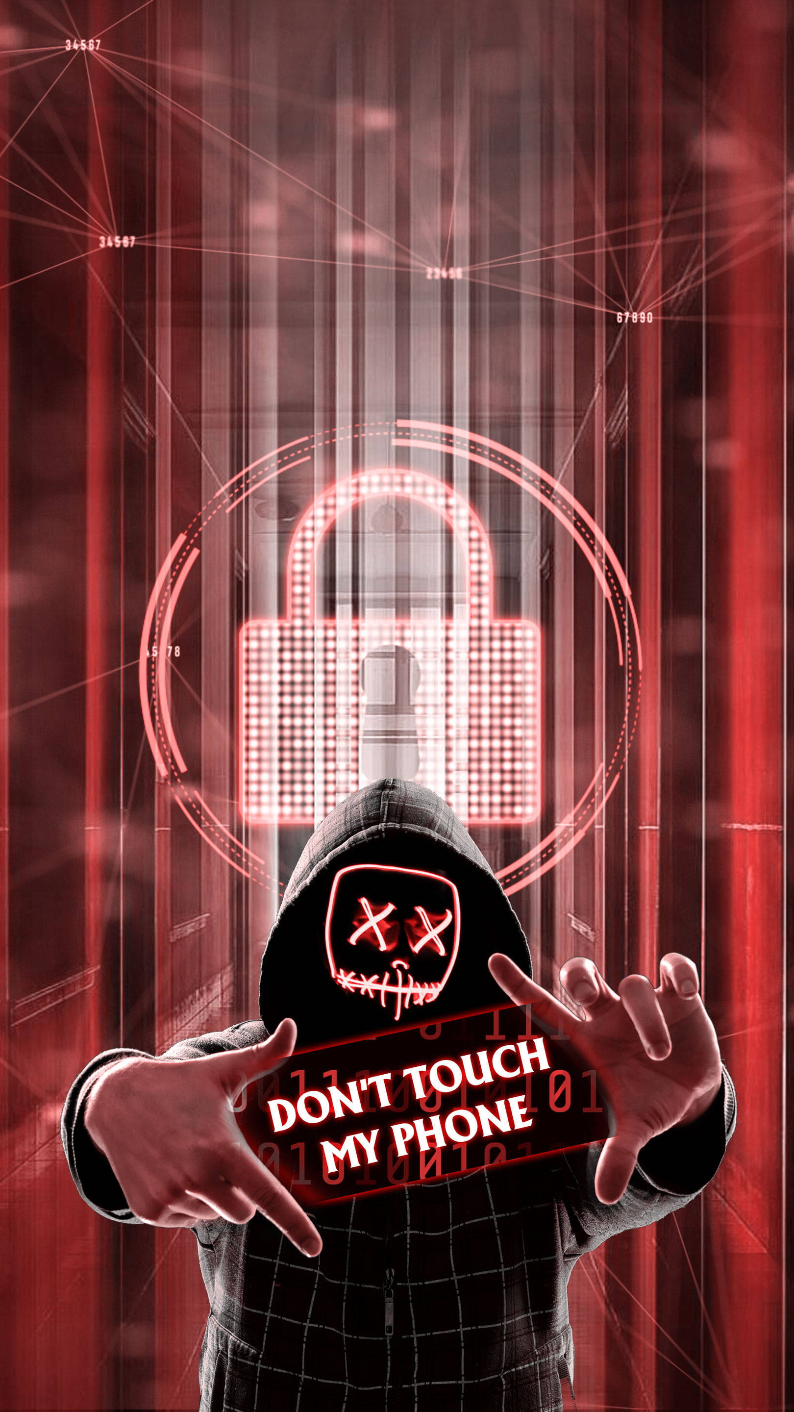hooded figure, glowing red 'X' eyes, DON'T TOUCH MY PHONE, 2K Phone Wallpaper