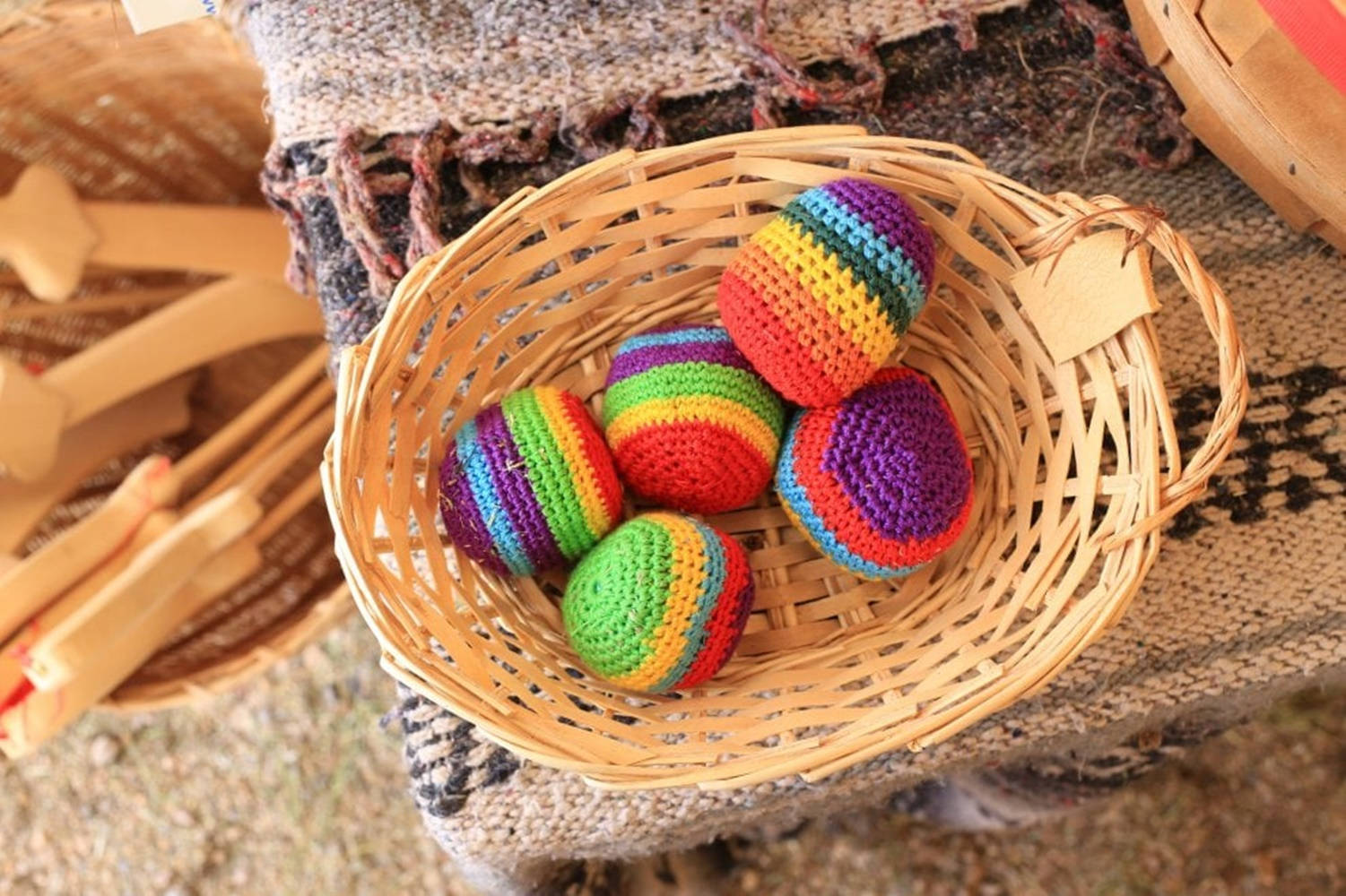 Hacky Sack Crochet Colorful Basket, rainbow crocheted eggs, textured rug, HD Desktop Wallpaper