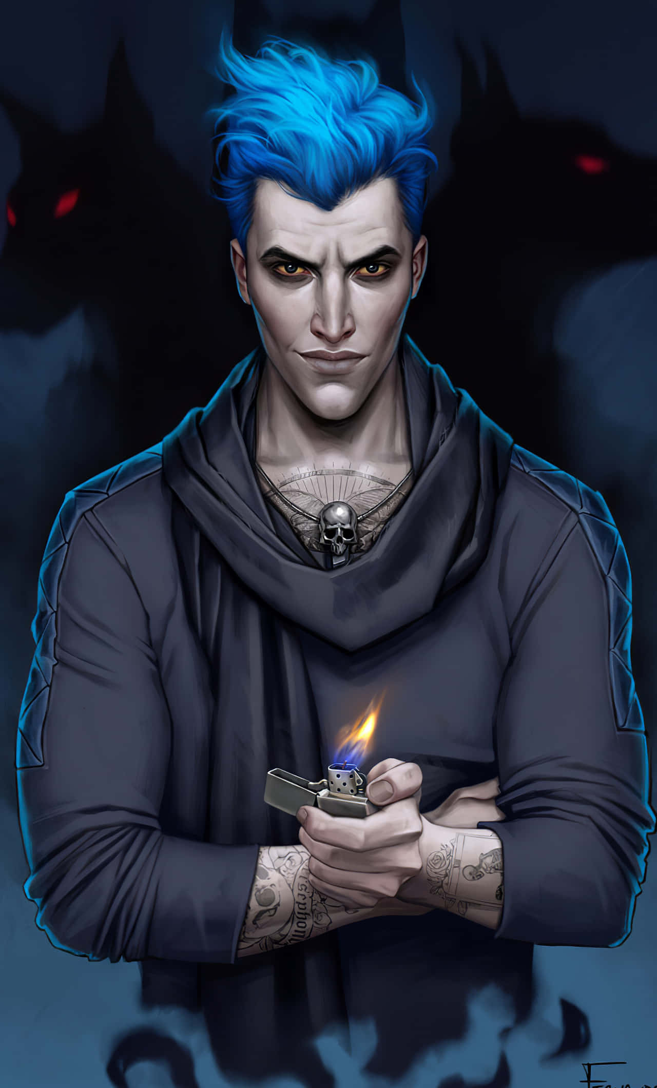 Hades, electric blue hair, glowing red eyes, Full HD Phone Wallpaper