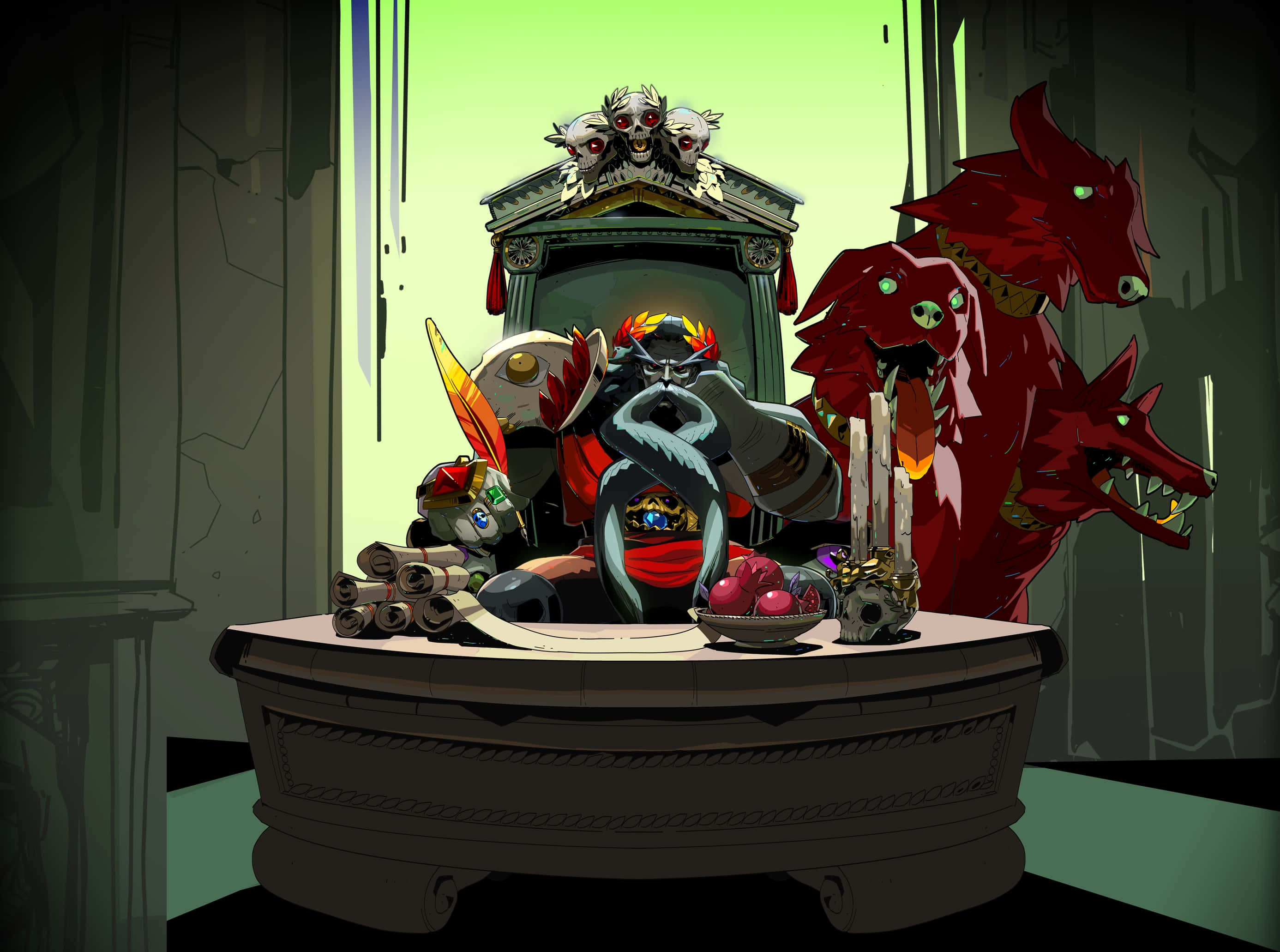 Hades, crowned figure, red wolf heads, 2K Desktop Wallpaper