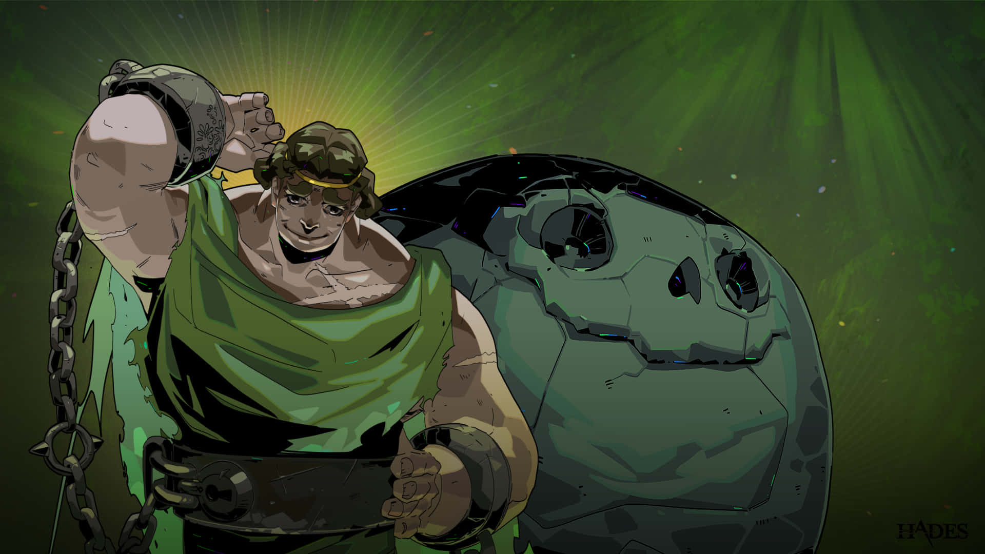 Hades, green armor, giant stone skull, Full HD Desktop Wallpaper
