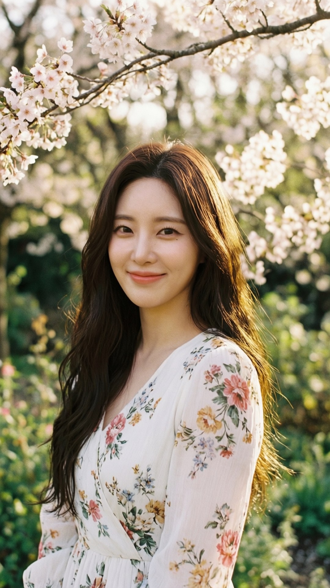 Haerin, cherry blossoms, sunlit garden, Full HD Phone Wallpaper