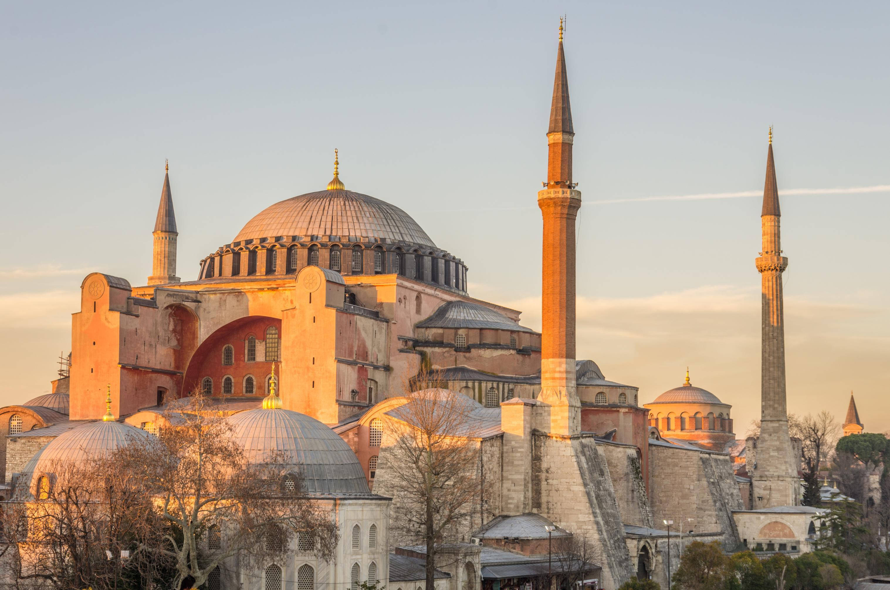 Hagia Sophia, golden hour, iconic dome, 2K Desktop Wallpaper