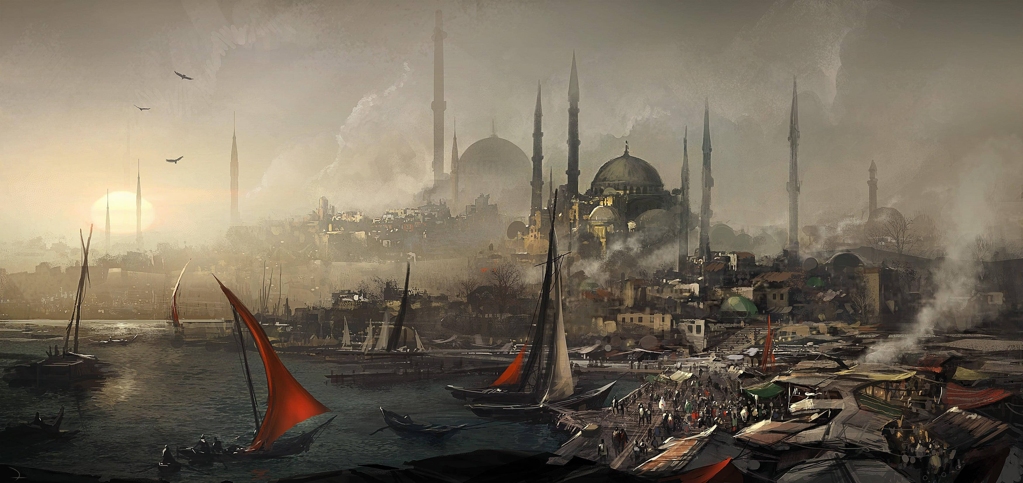 steampunk, Hagia Sophia, misty dawn, 2K Desktop Wallpaper