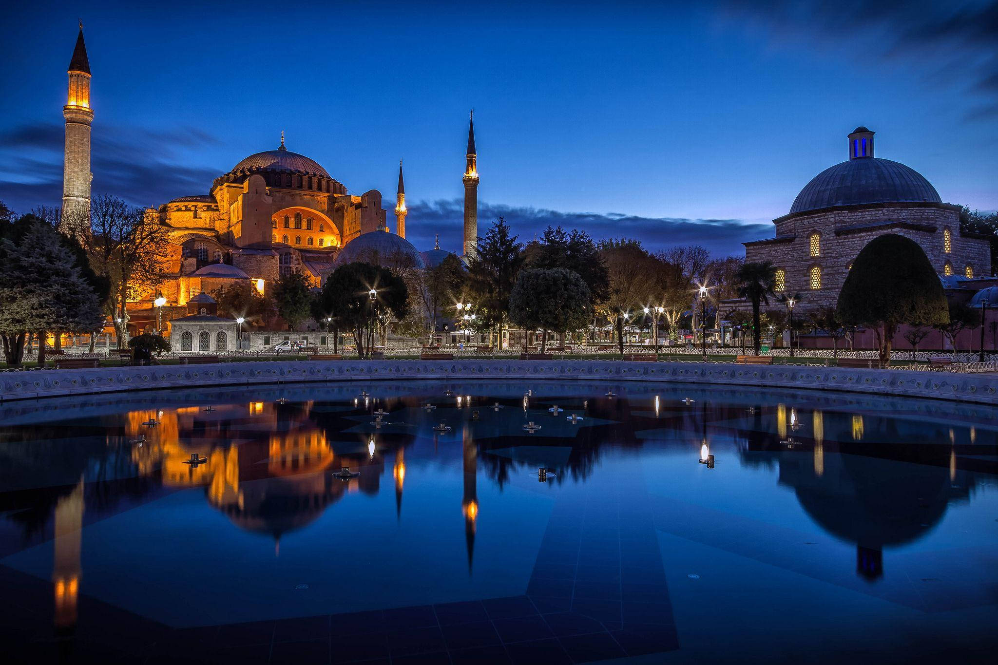 Hagia Sophia, pool, twilight sky, Full HD Desktop Wallpaper