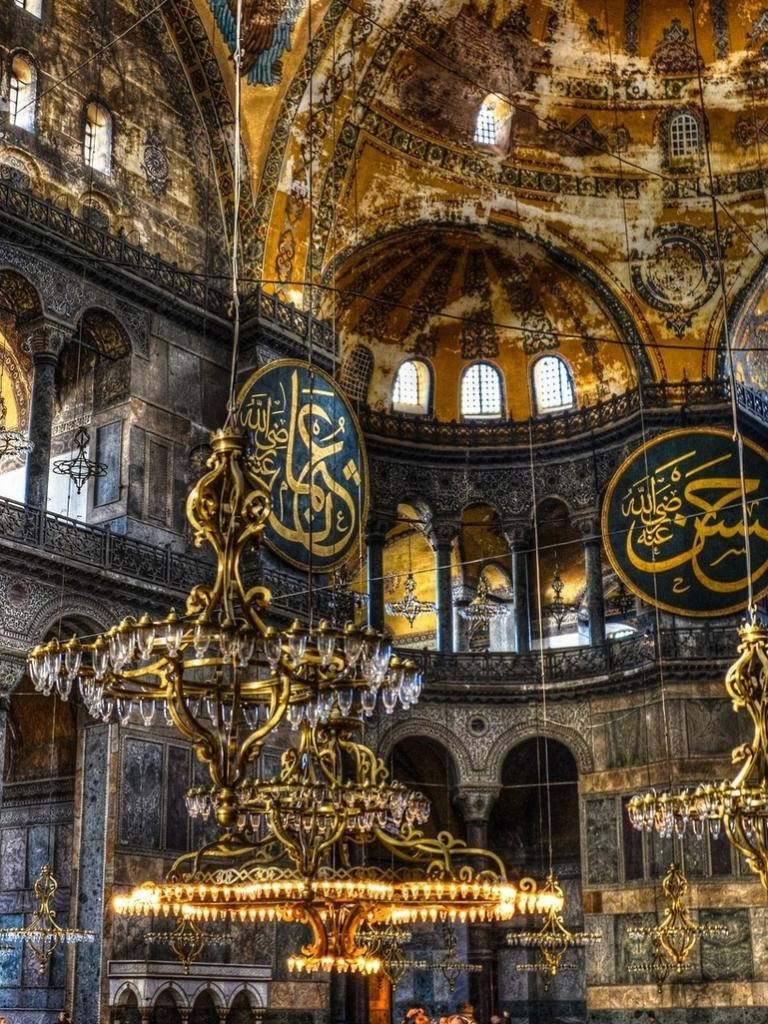 Hagia Sophia, golden chandeliers, ornate domes, SD Phone Wallpaper