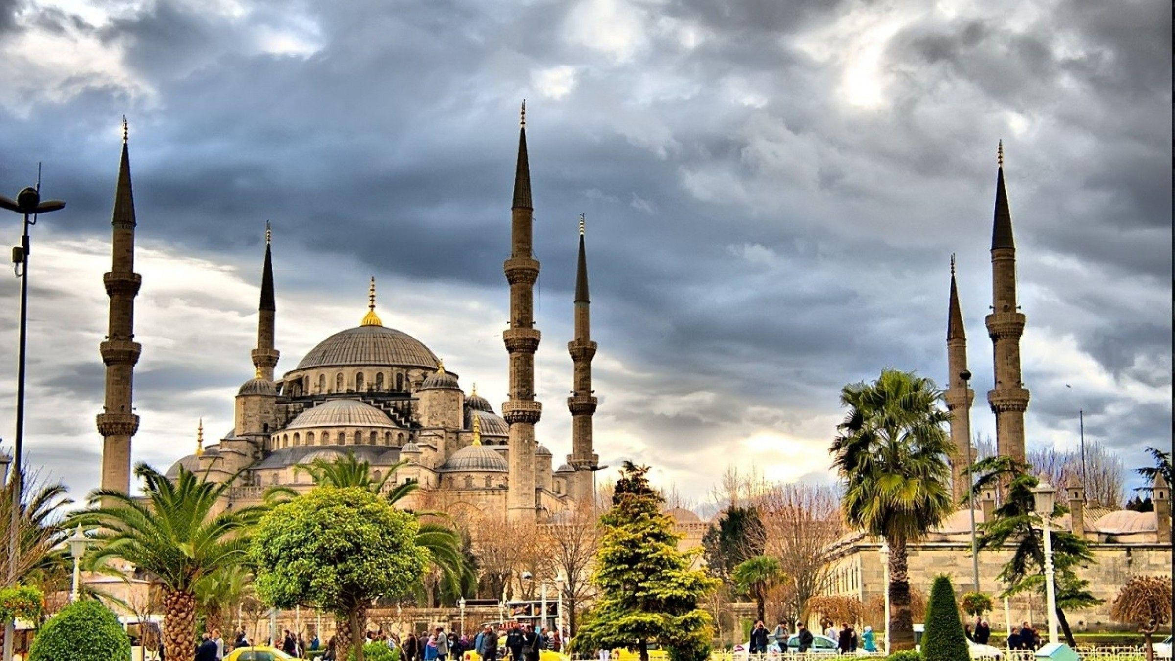 Hagia Sophia, palm trees, six minarets, Full HD Desktop Wallpaper