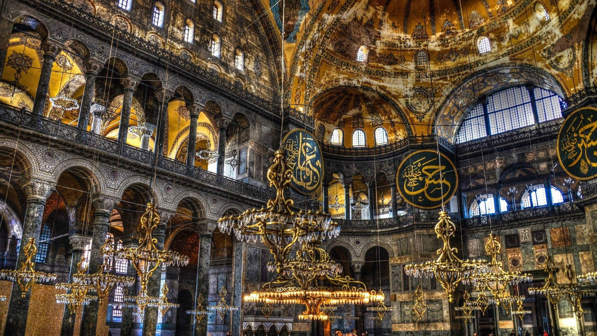 Hagia Sophia, 2nd Floor, golden mosaics, Full HD Desktop Wallpaper
