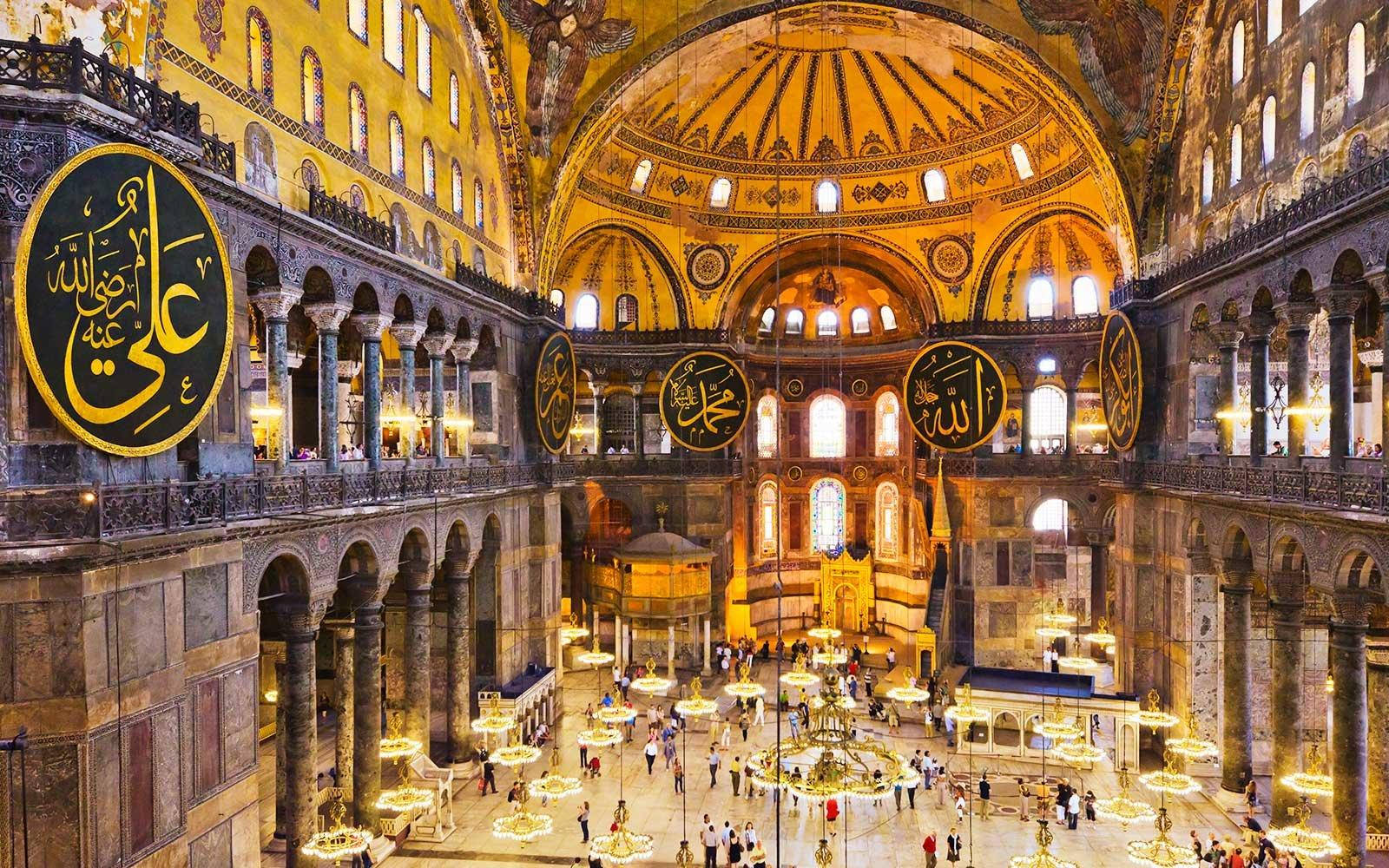 Hagia Sophia, golden mosaics, towering arches, HD Desktop Wallpaper