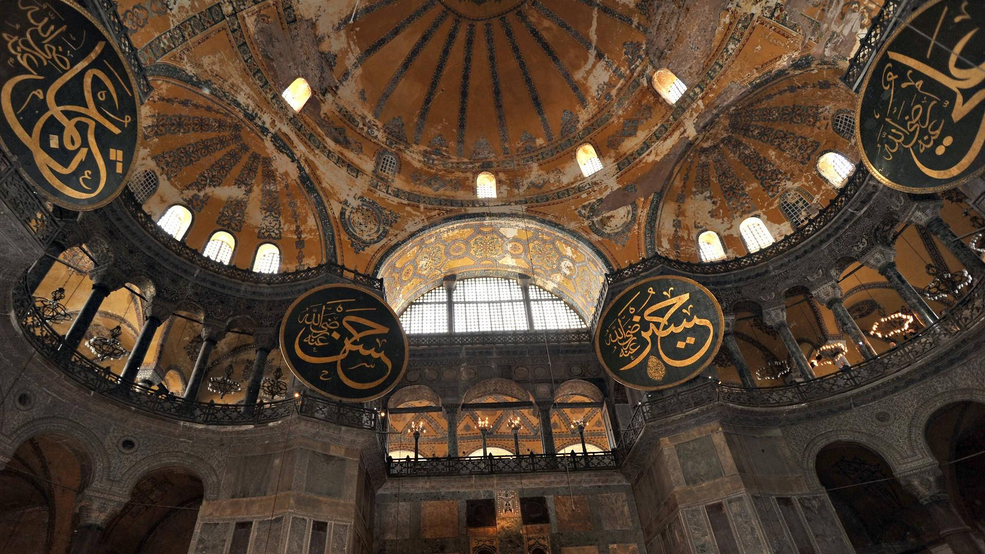 Hagia Sophia, dome, golden calligraphy banners, Full HD Desktop Wallpaper